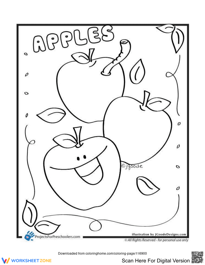 Happy Apples Coloring Page | Printable K-5 Worksheet - Page 1