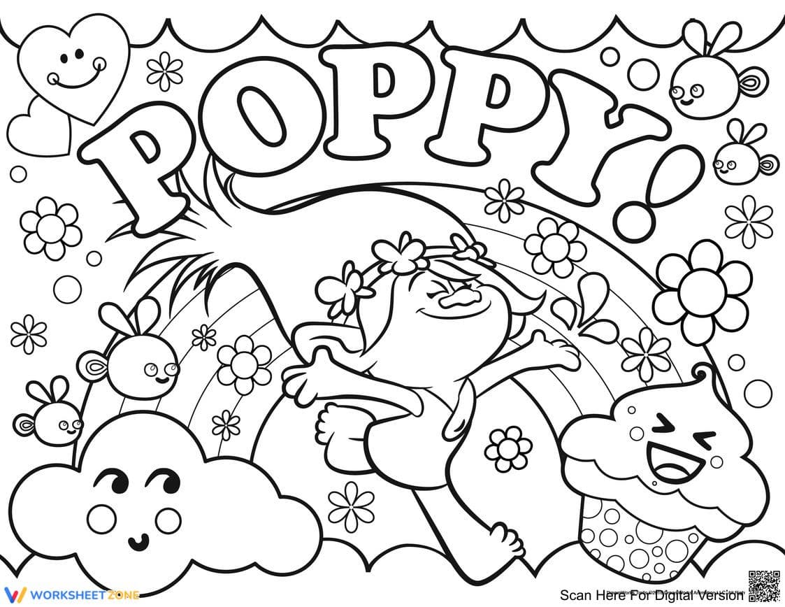 Poppy Troll Fun Coloring Page Worksheet - Page 1