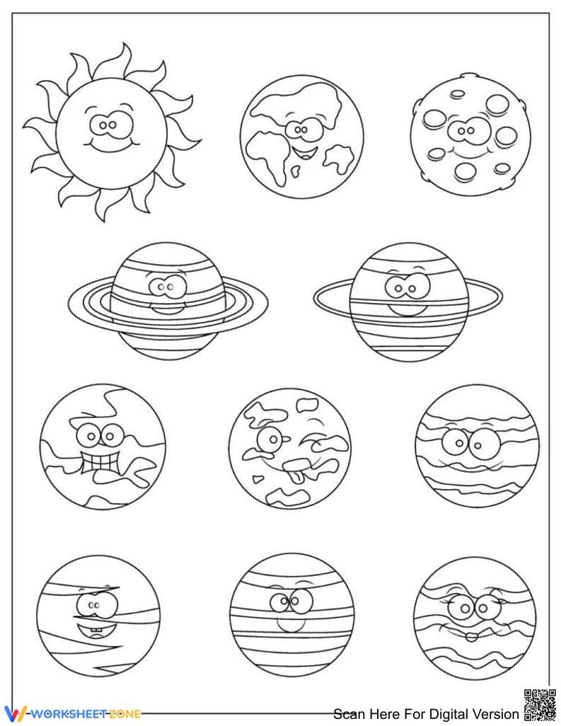 Chibi Solar System Printable Coloring Worksheet - Page 1