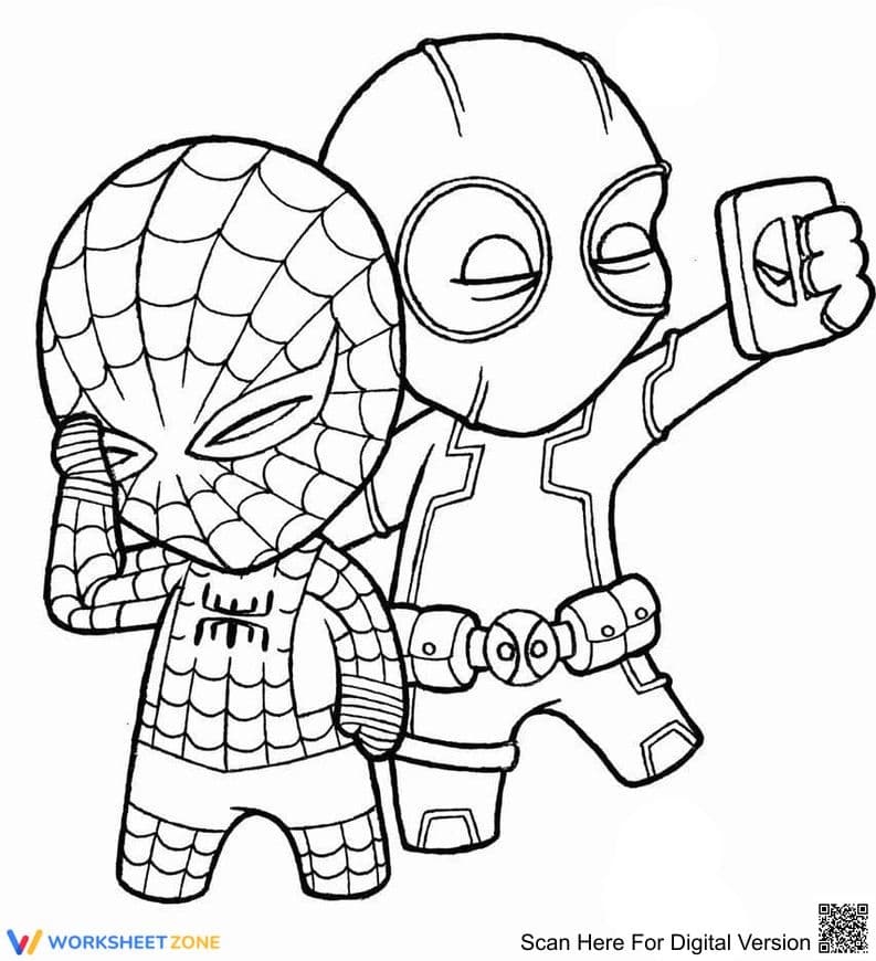 Chibi Spider-Man & Deadpool Coloring | Printable Page - Page 1