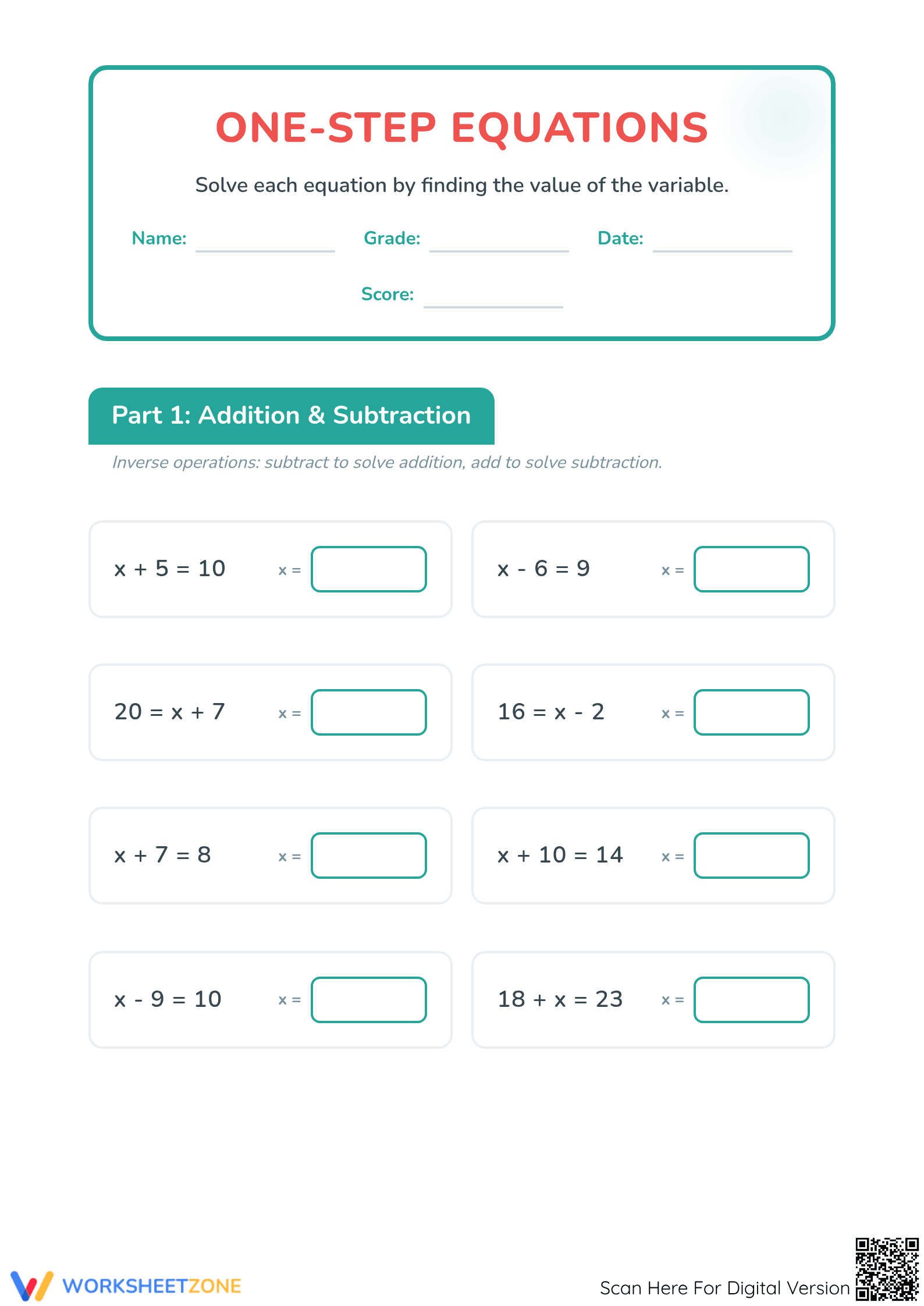 Printable One-Step Equations Worksheet | Grade 6 Math - Page 1