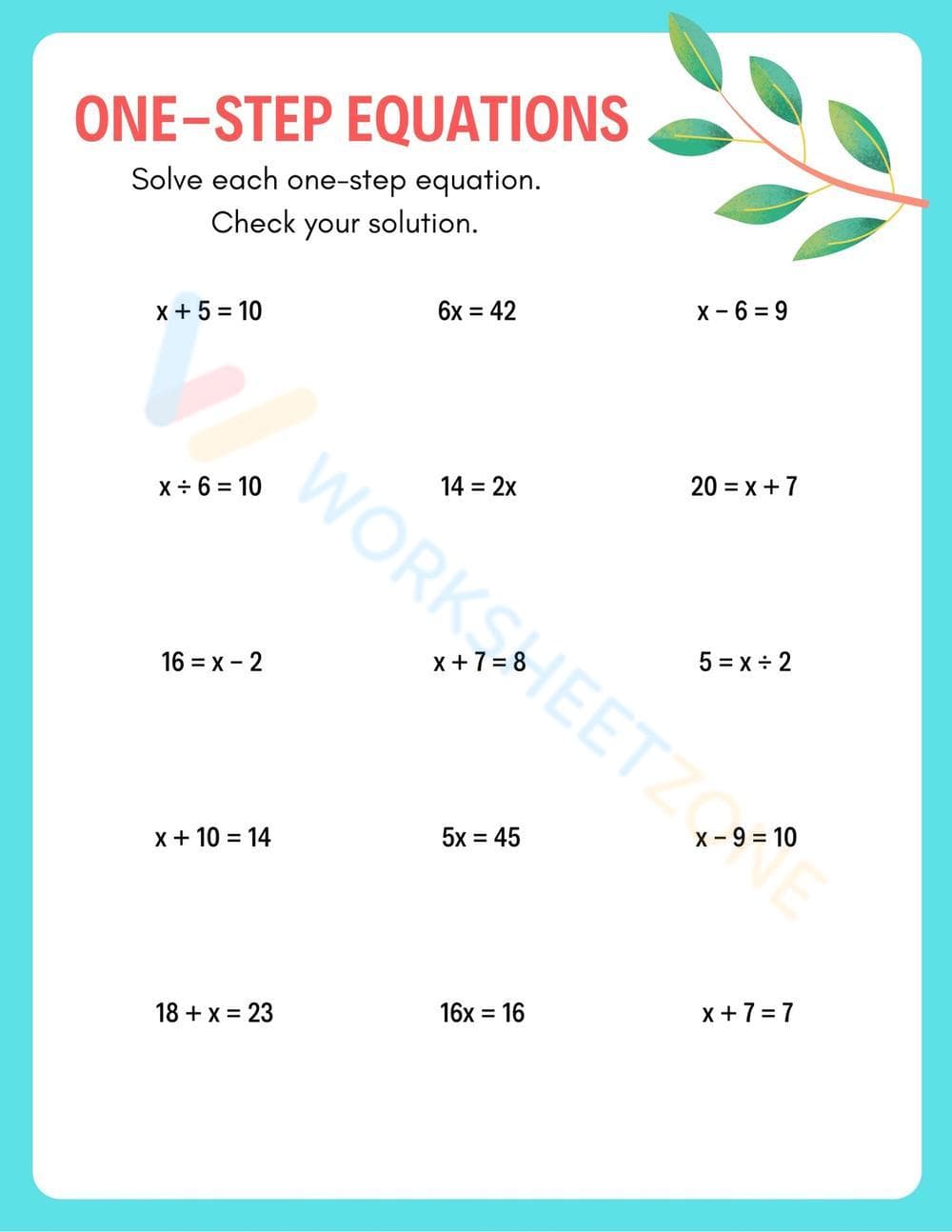 One-Step Equations Math Worksheet - Page 1
