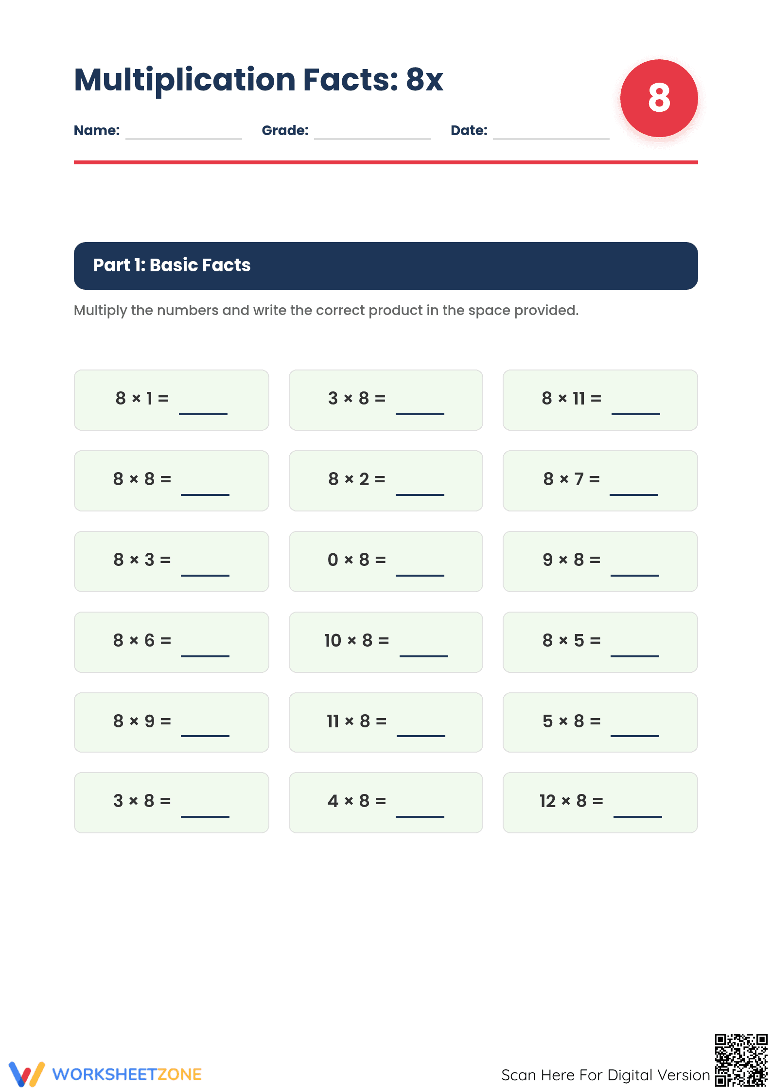 Printable Multiplication Facts 8x Worksheet | Grade 3 Math - Page 1