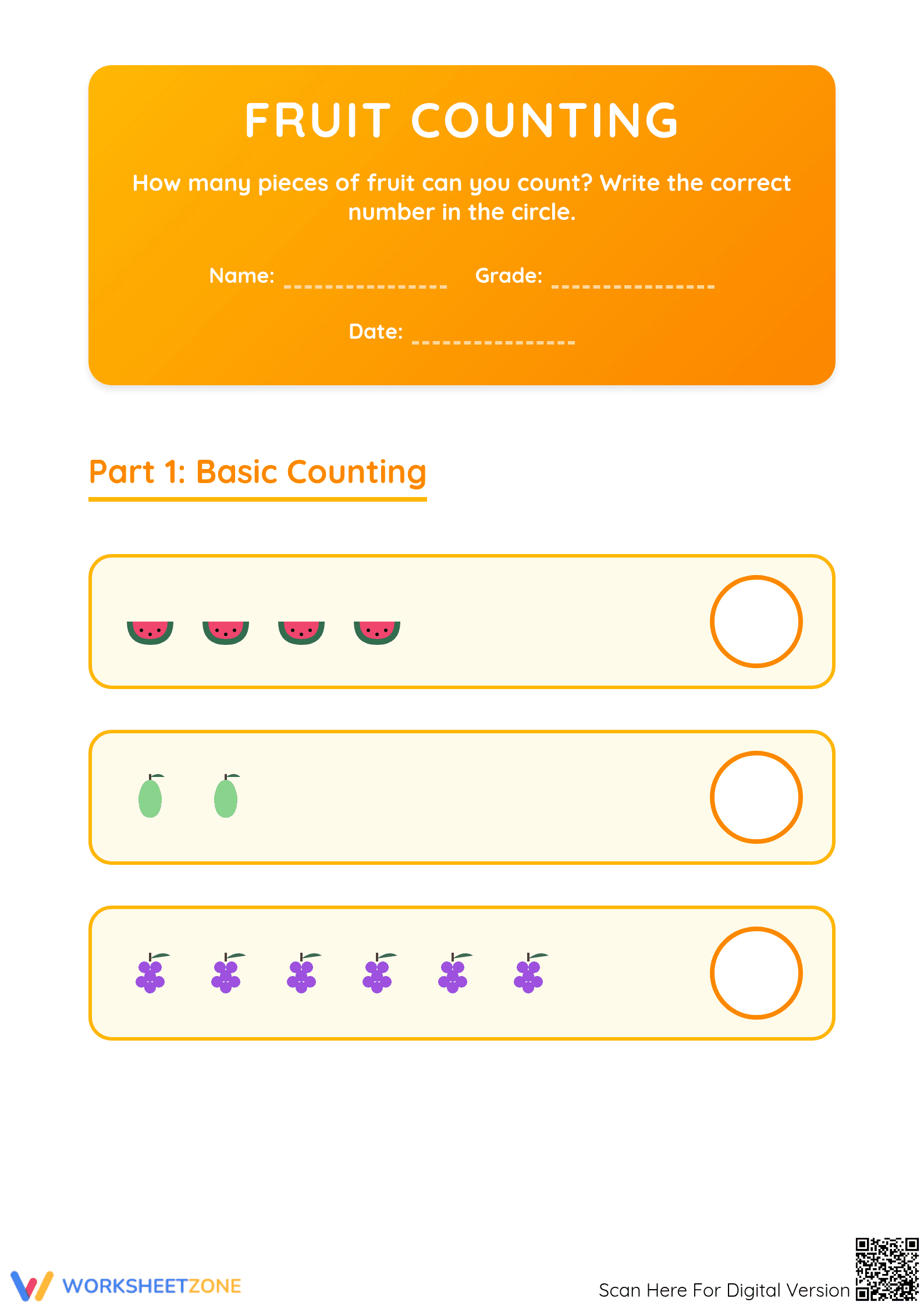 Printable Fruit Counting Worksheet | Grade K Math - Page 1