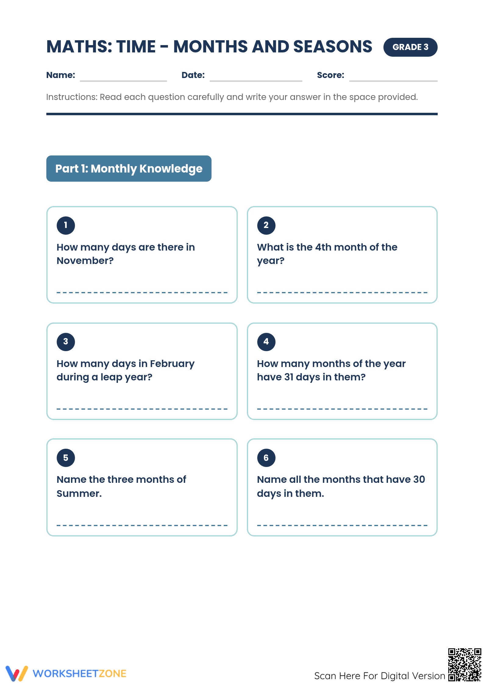 Essential Grade 3 Time: Months and Seasons Worksheet - Page 1