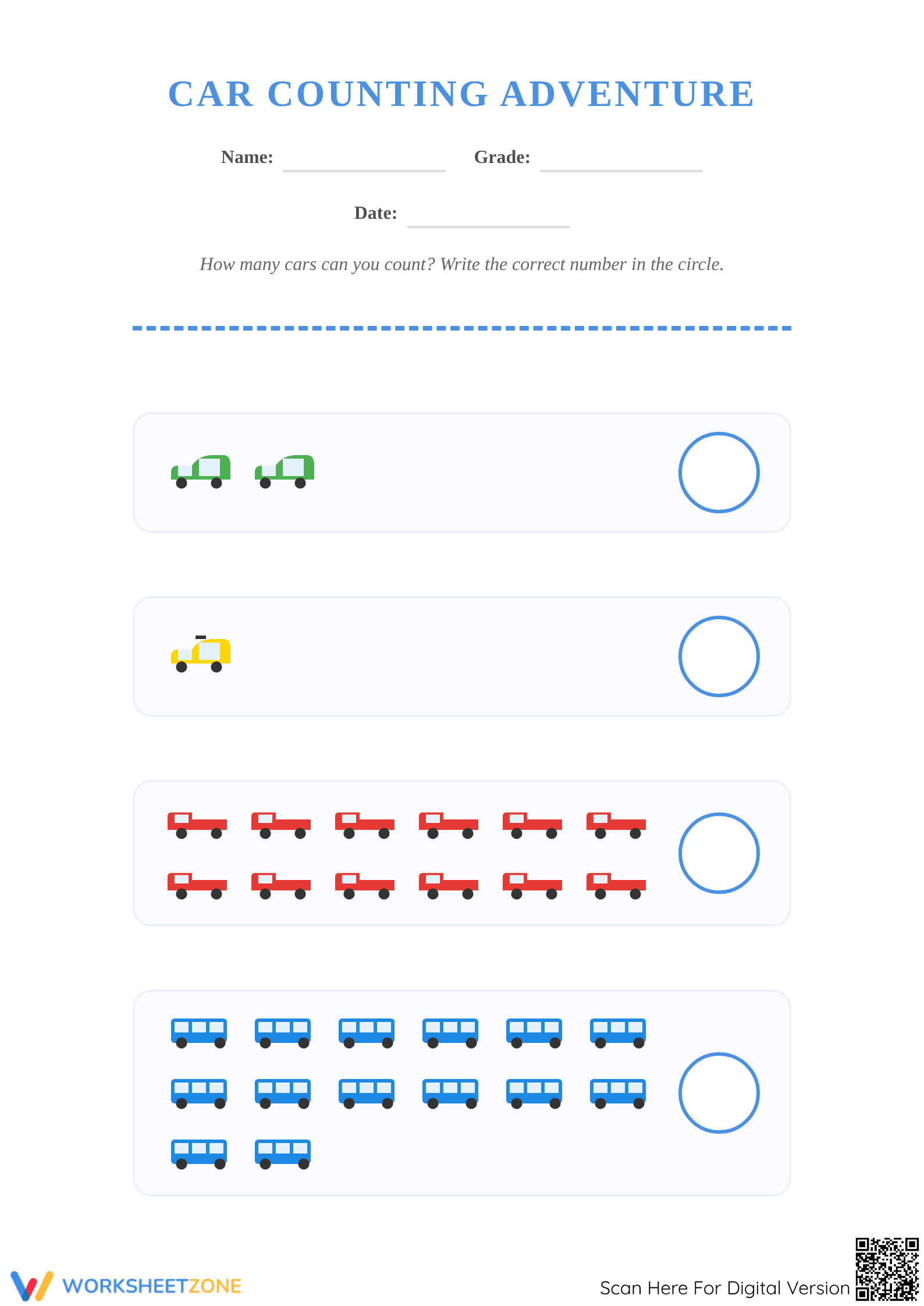 Car Counting Worksheet | Printable Grade K Math - Page 1