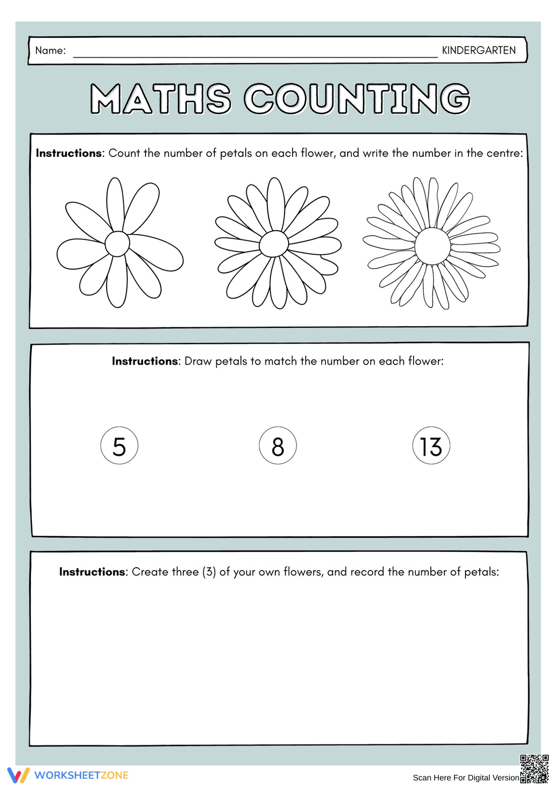 Printable Flower Counting Worksheet for Kindergarten - Page 1