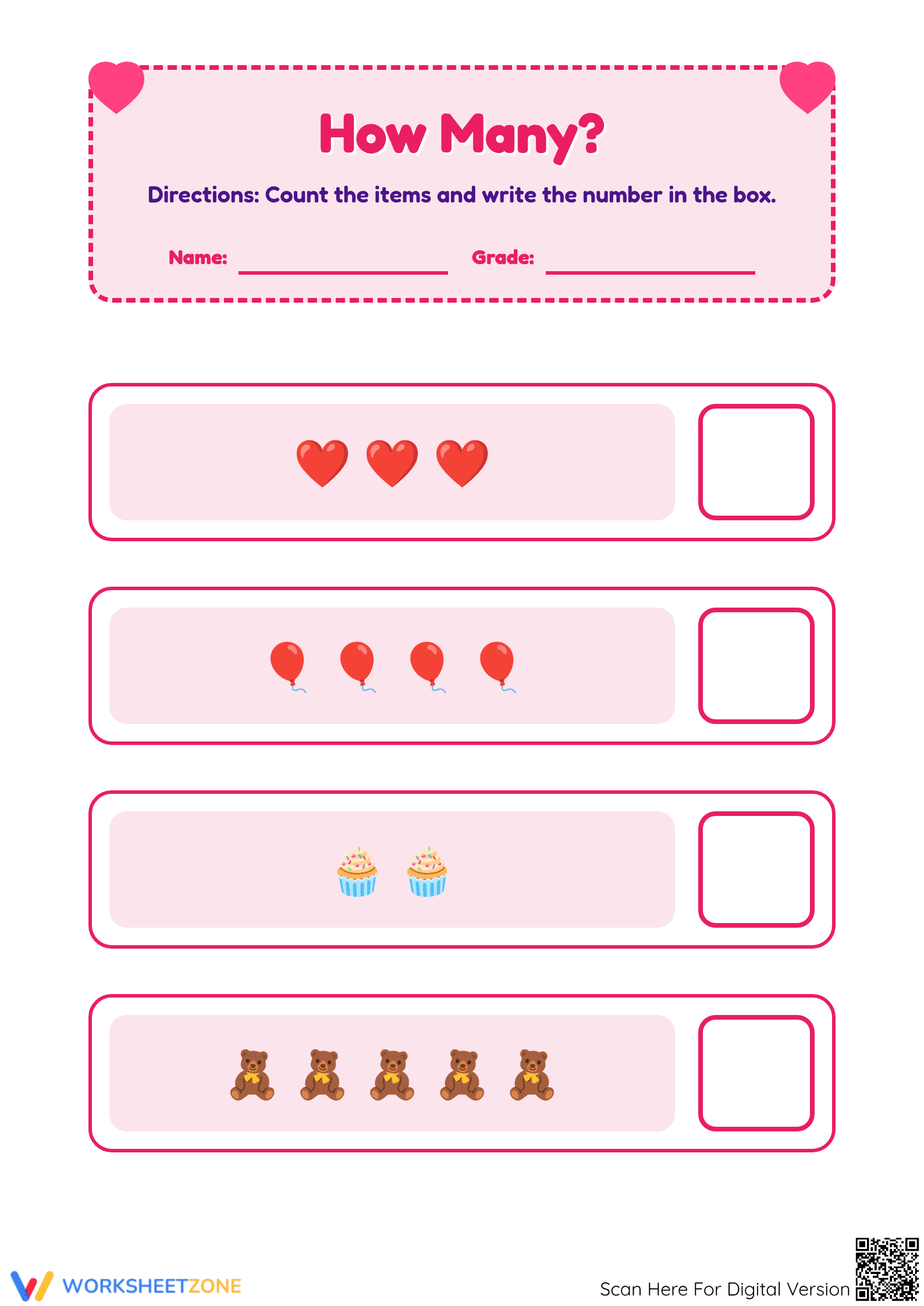 Grade K Valentine Counting — Printable No-Prep Worksheet - Page 1
