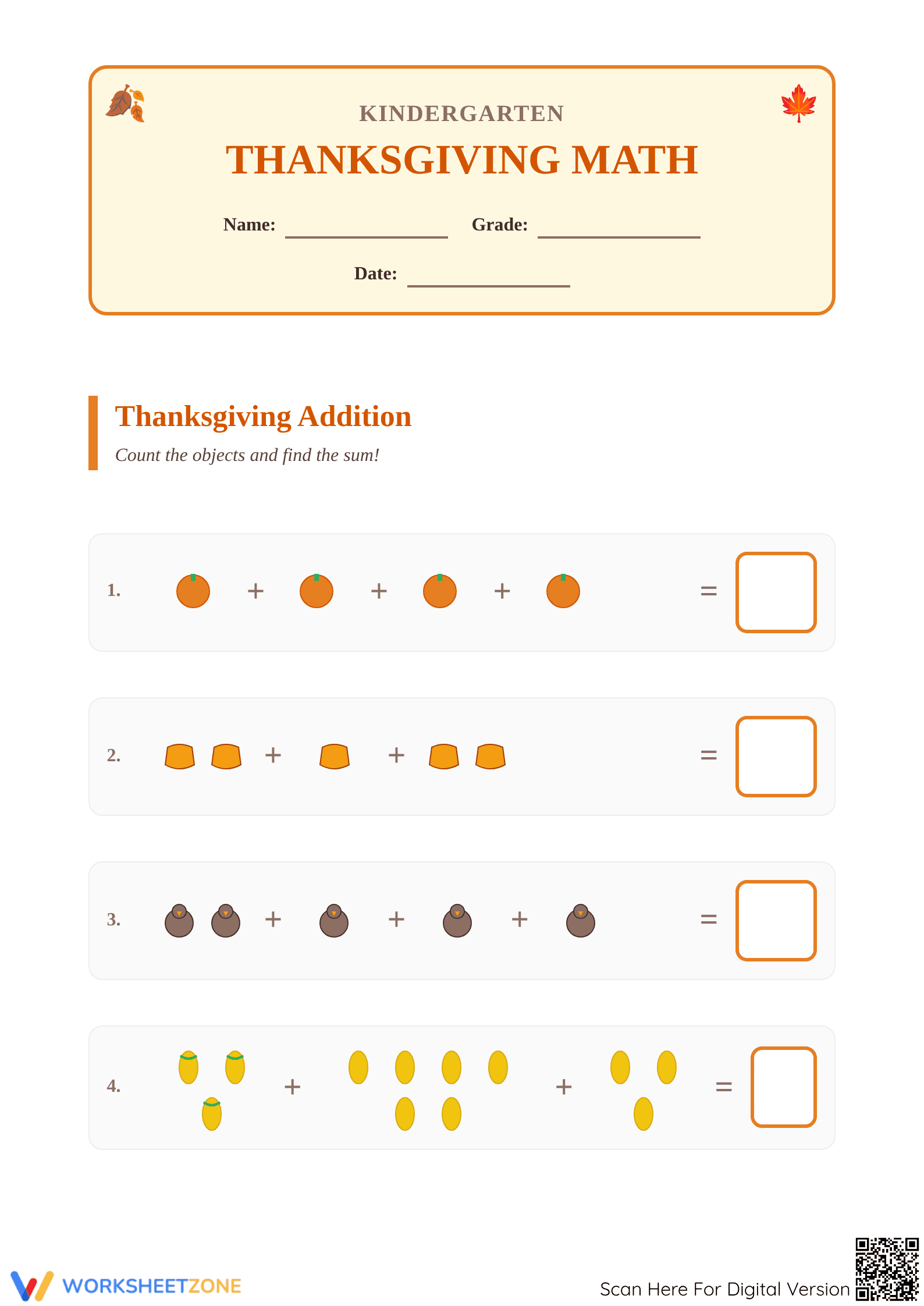 Printable Thanksgiving Math Worksheet | Grade K Essential - Page 1