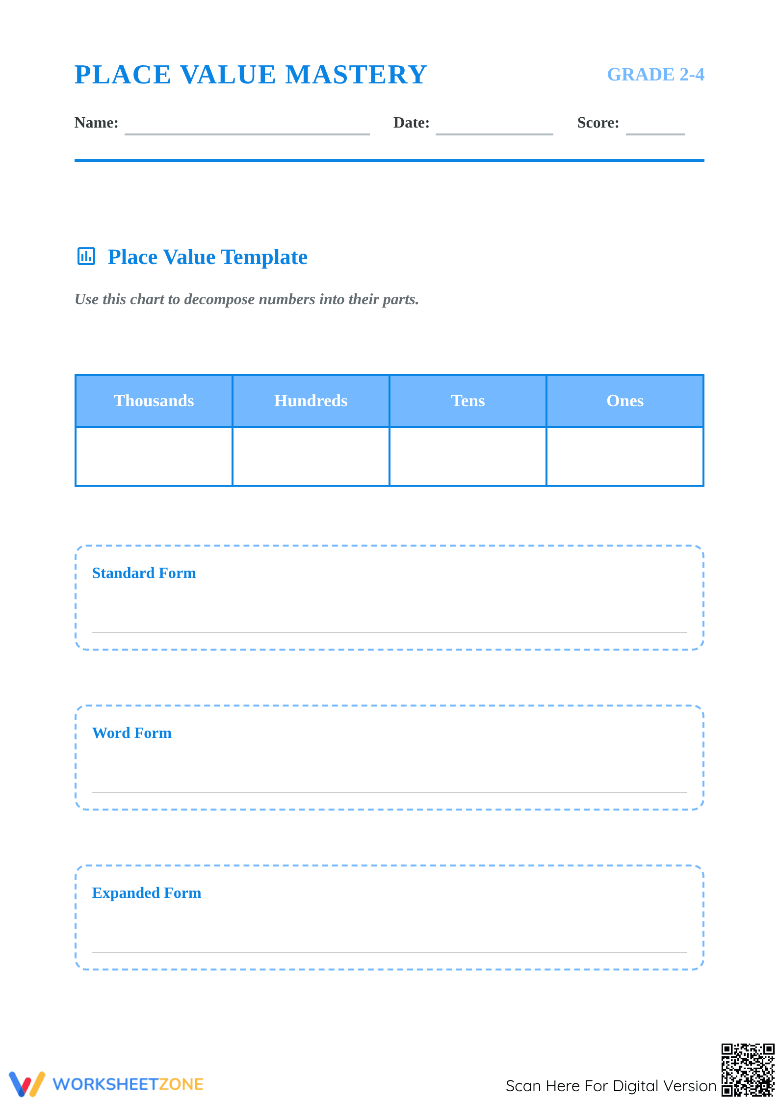 Essential Place Value Template Worksheet | Grade 2-4 - Page 1