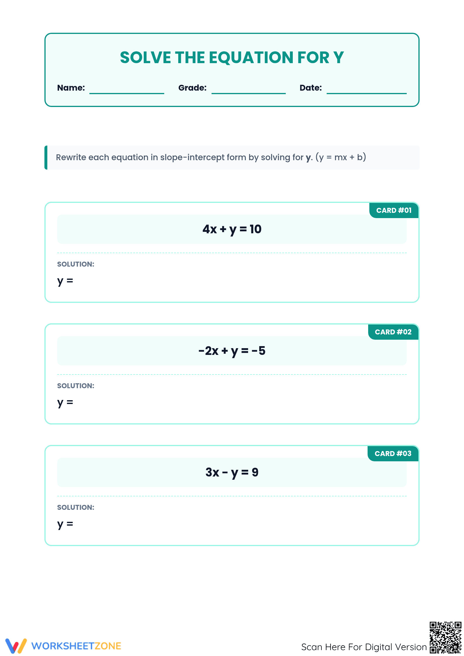 Printable Solve for y Task Cards | Algebra 1 Equations - Page 1