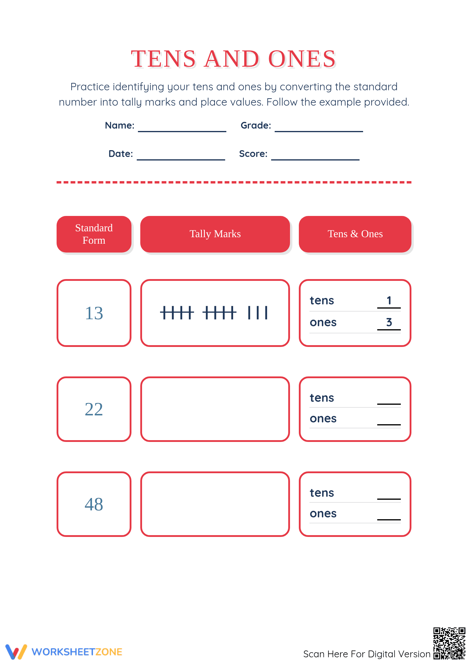 Printable Tens and Ones Math Worksheet | Grade 1 Essential - Page 1