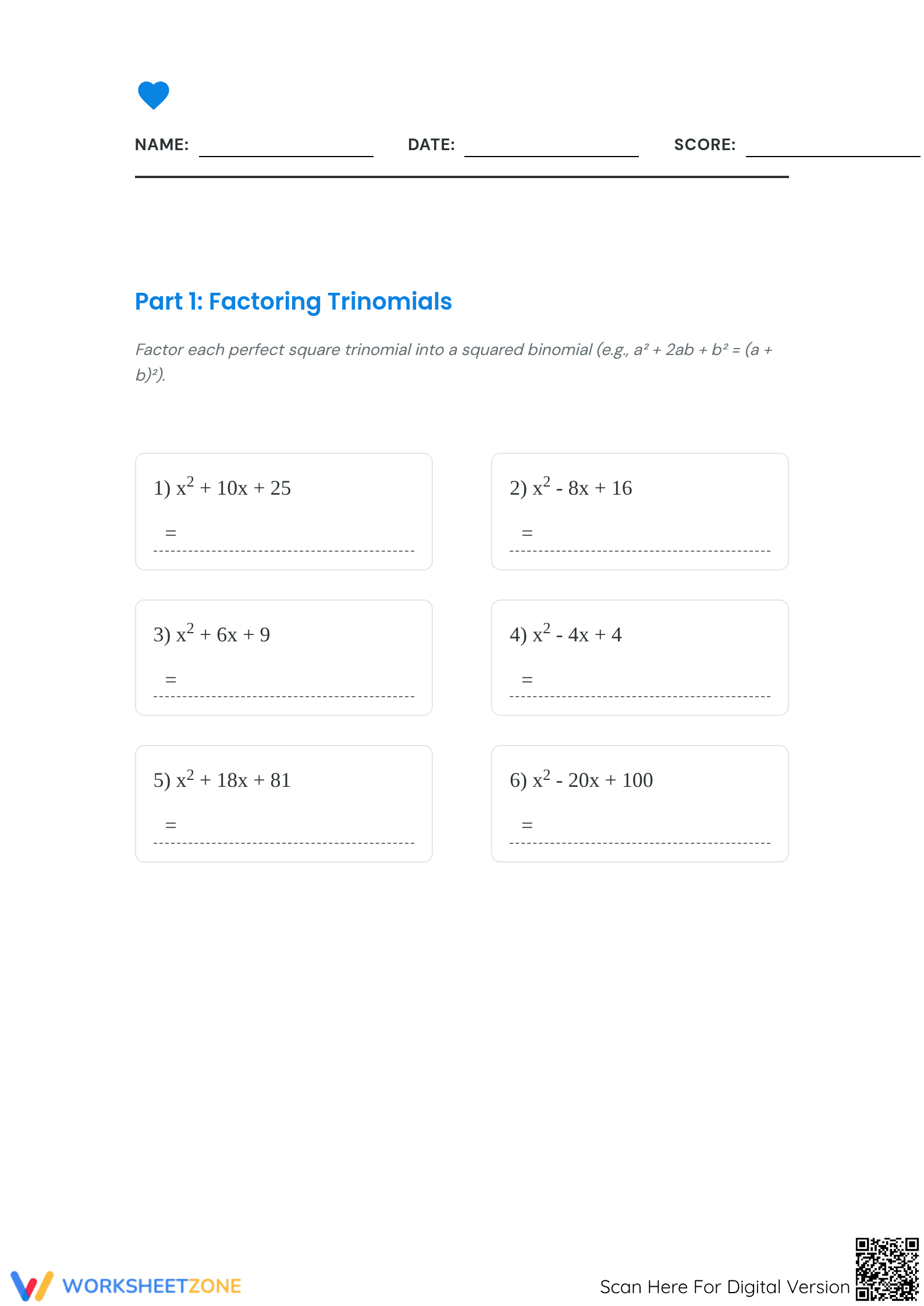 Perfect Square Trinomials Worksheet | Grade 9 Printable - Page 1