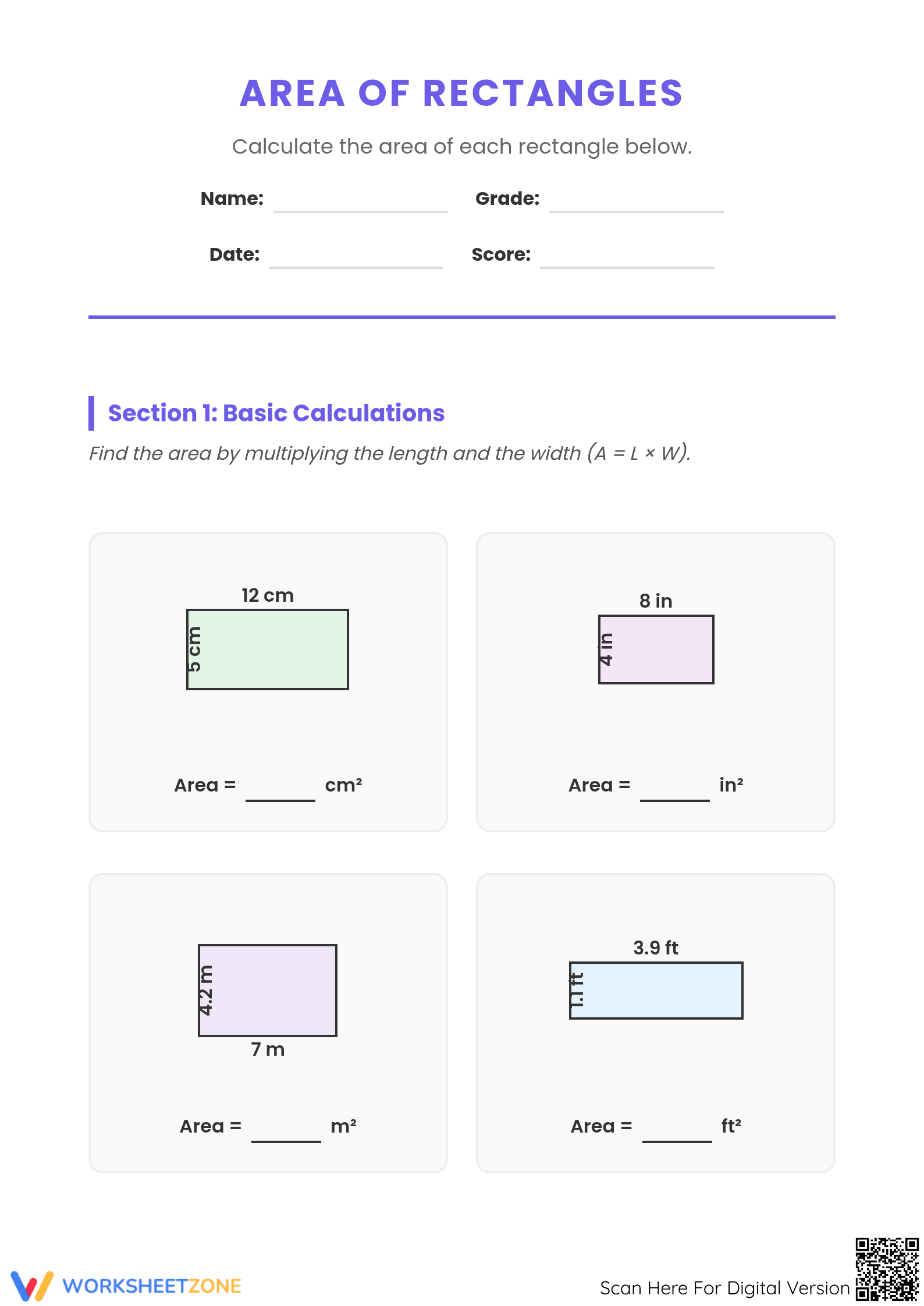 Area of Rectangles Math Worksheet | Printable Grade 4 Ready - Page 1