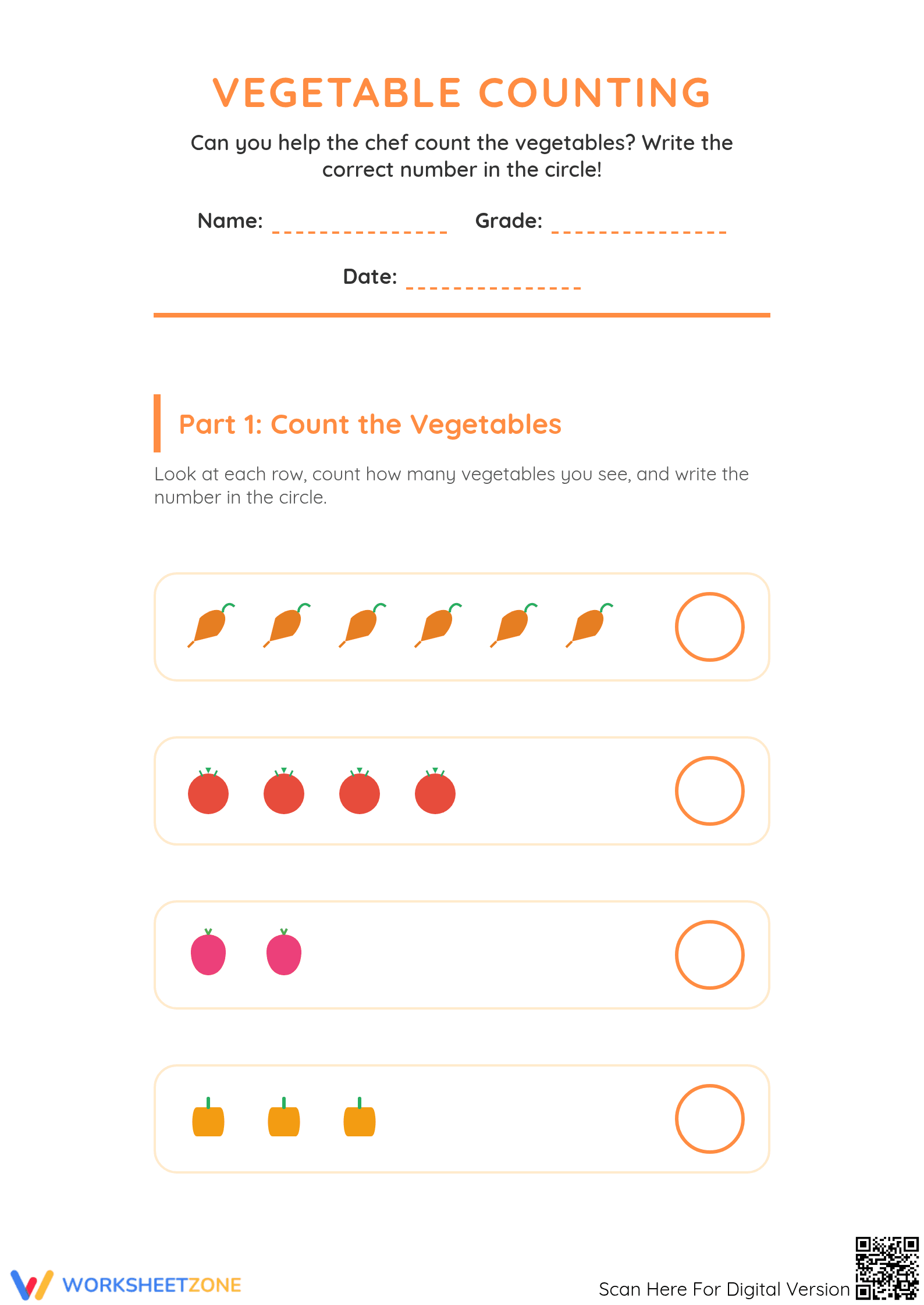 Printable Vegetable Counting Worksheet | Grade K Math - Page 1