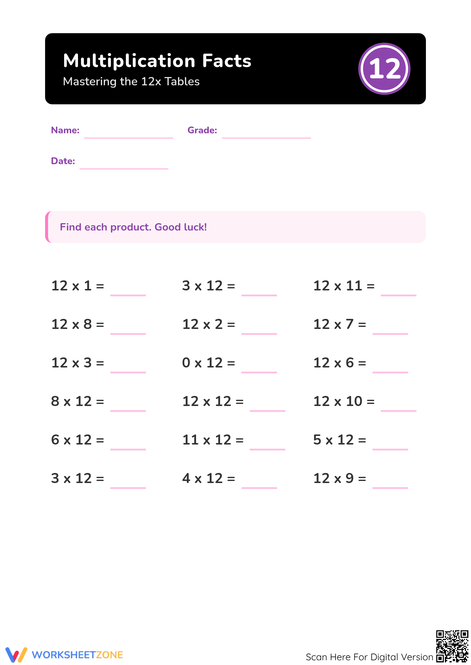 Essential 12x Multiplication Tables Worksheet | Grade 3 - Page 1