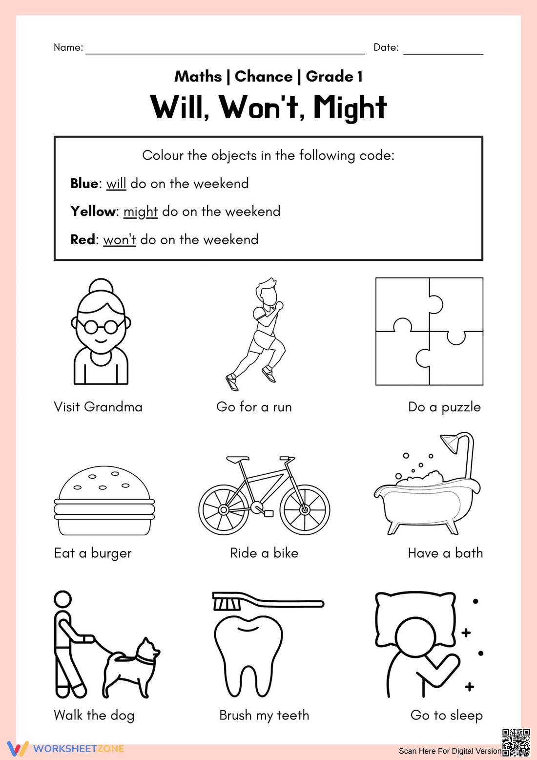 Grade 1 Chance Worksheet: Will, Won't, Might | Essential - Page 1