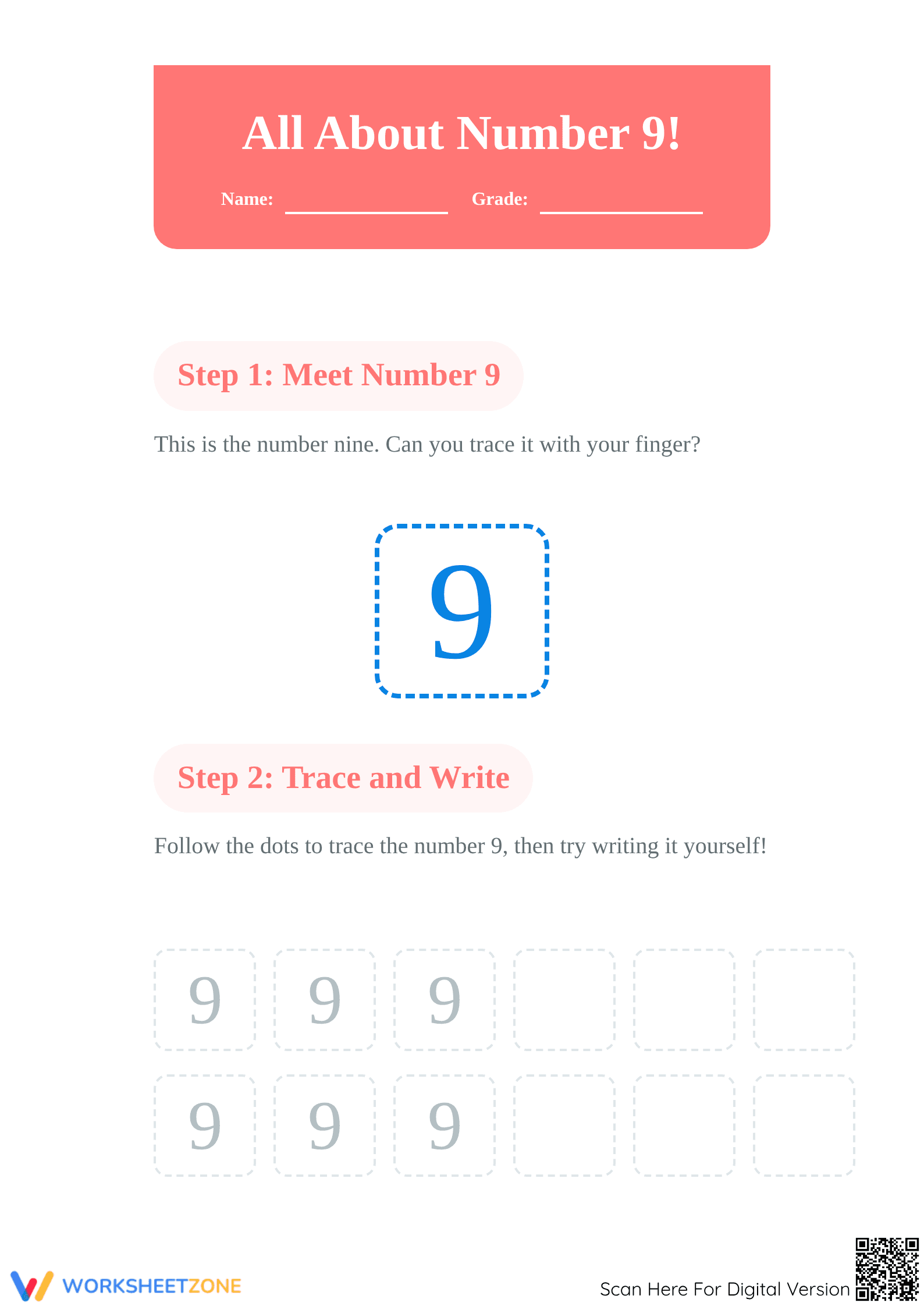 Number 9 Worksheet — Printable No-Prep Kindergarten Math - Page 1