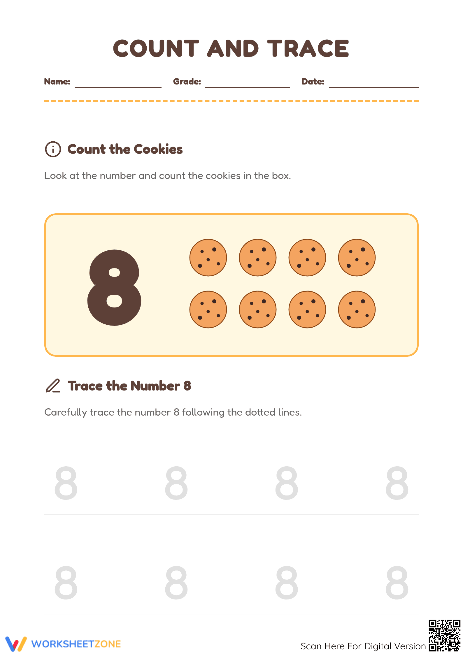 Printable Number 8 Counting and Tracing Worksheet | Grade K - Page 1