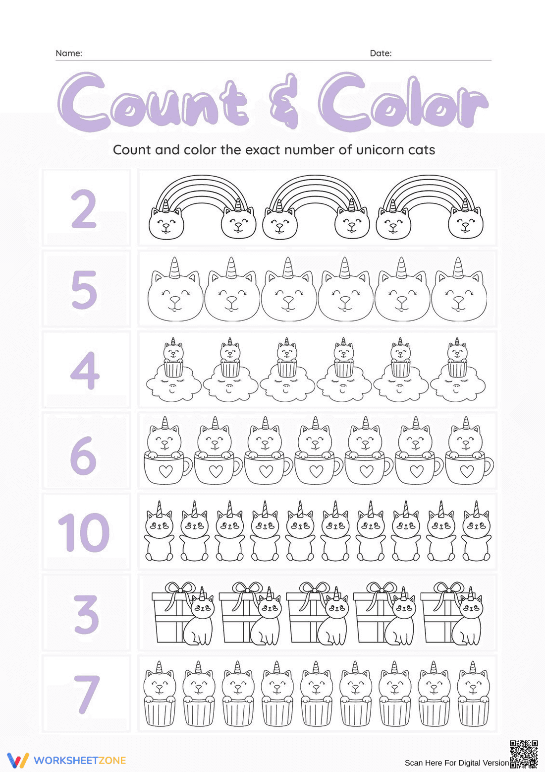 Count & Color Unicorn Cats | Essential Grade K Math - Page 1