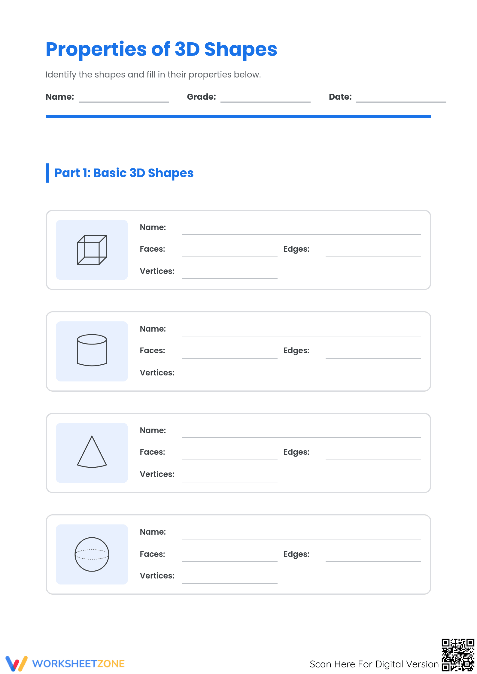 Essential 3D Shapes Properties Worksheet | Grade 2 Math - Page 1