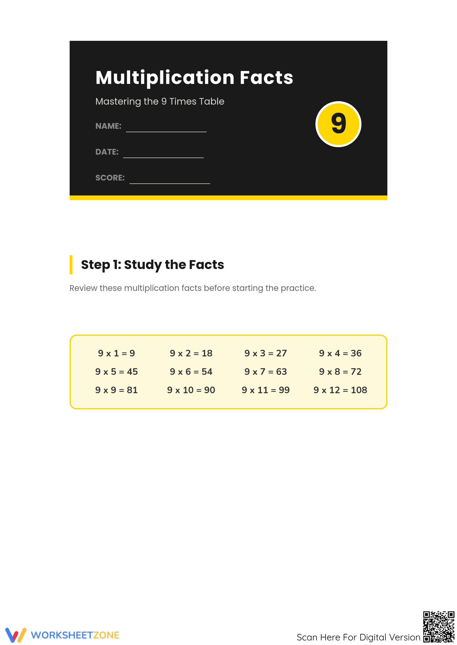 Grade 3 9 Times Table — Printable No-Prep Worksheet - Page 1