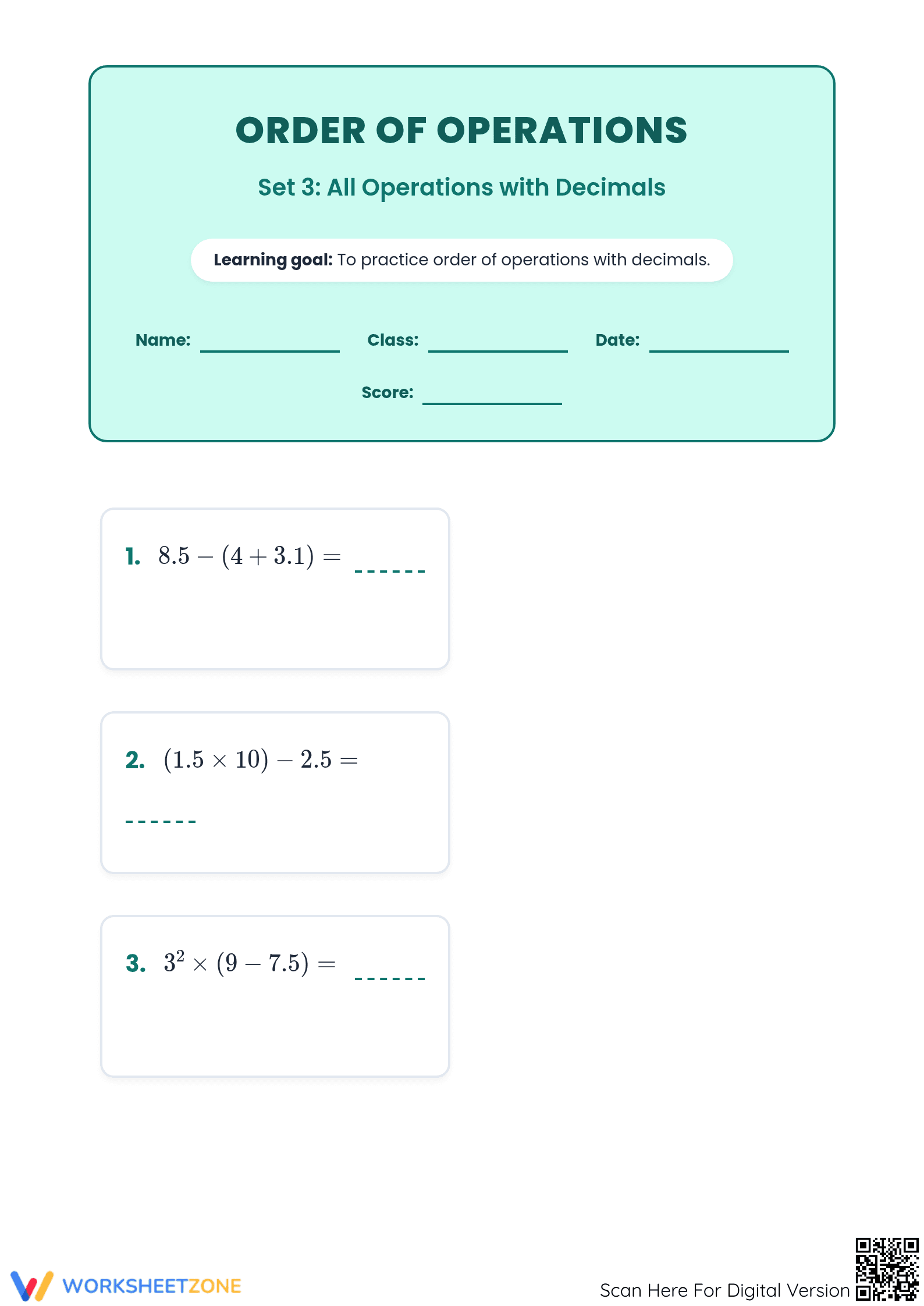 Essential Decimal Order of Operations Worksheet | Grade 6 - Page 1