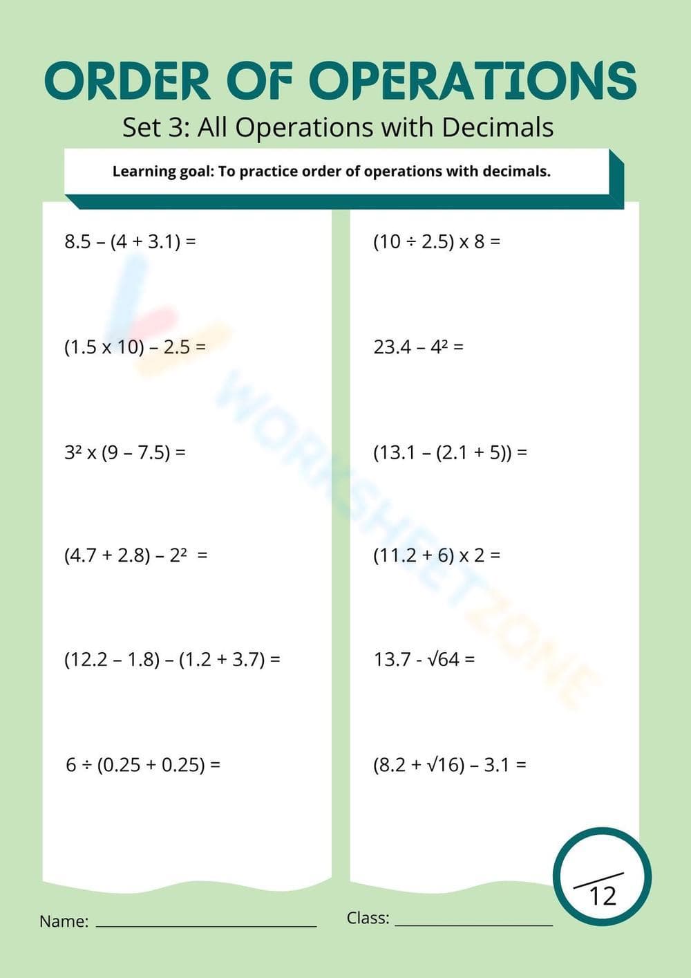 Green Minimalist Decimal Order of Operations Maths Worksheet - Page 1