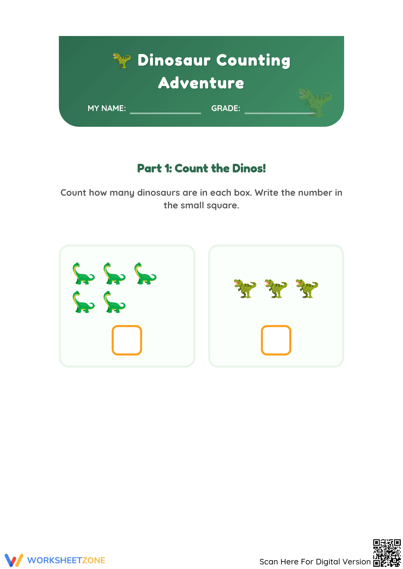 Printable Dinosaur Counting Worksheet | Grade K Math - Page 1