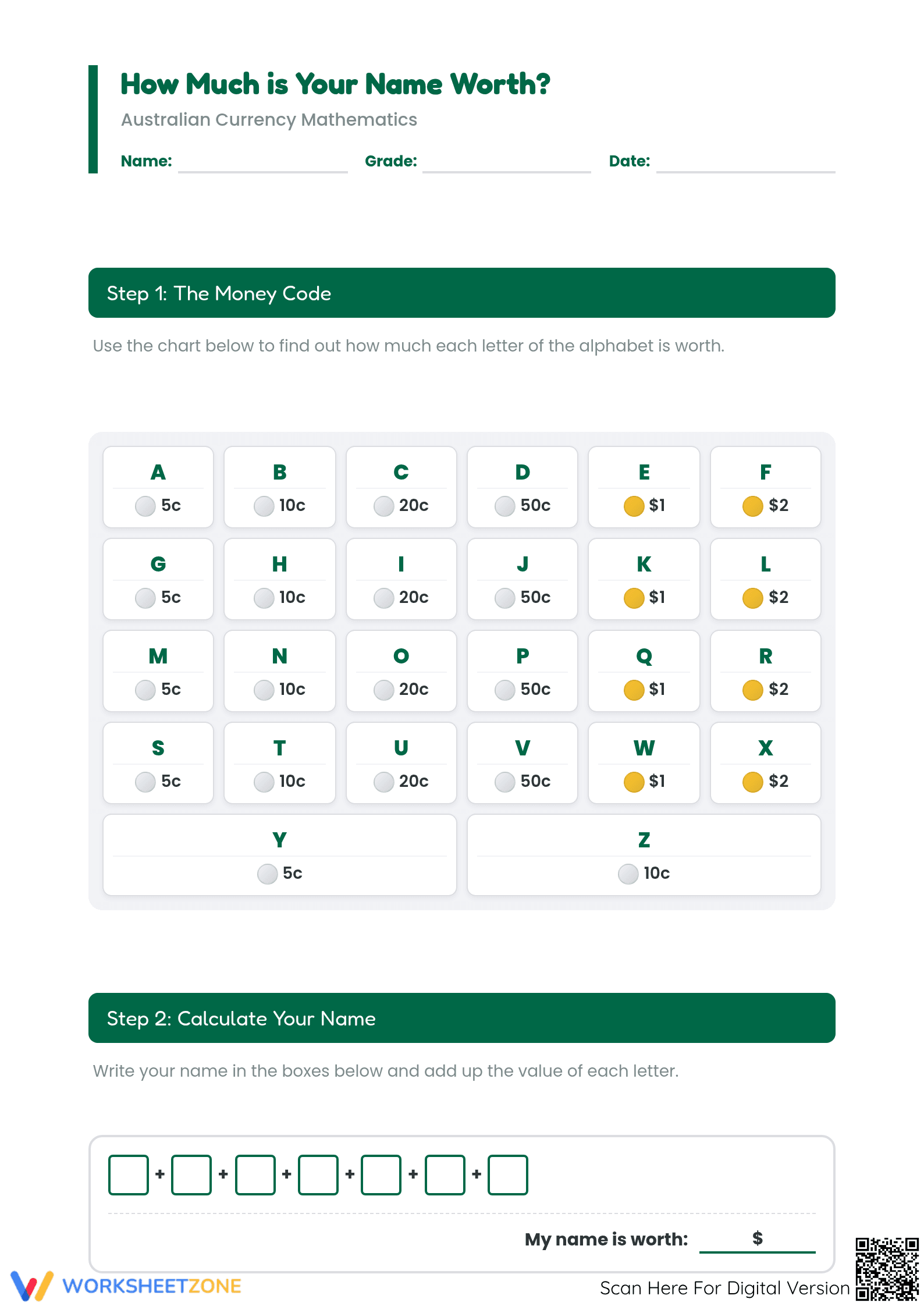How Much is Your Name Worth? Essential Money Worksheet - Page 1