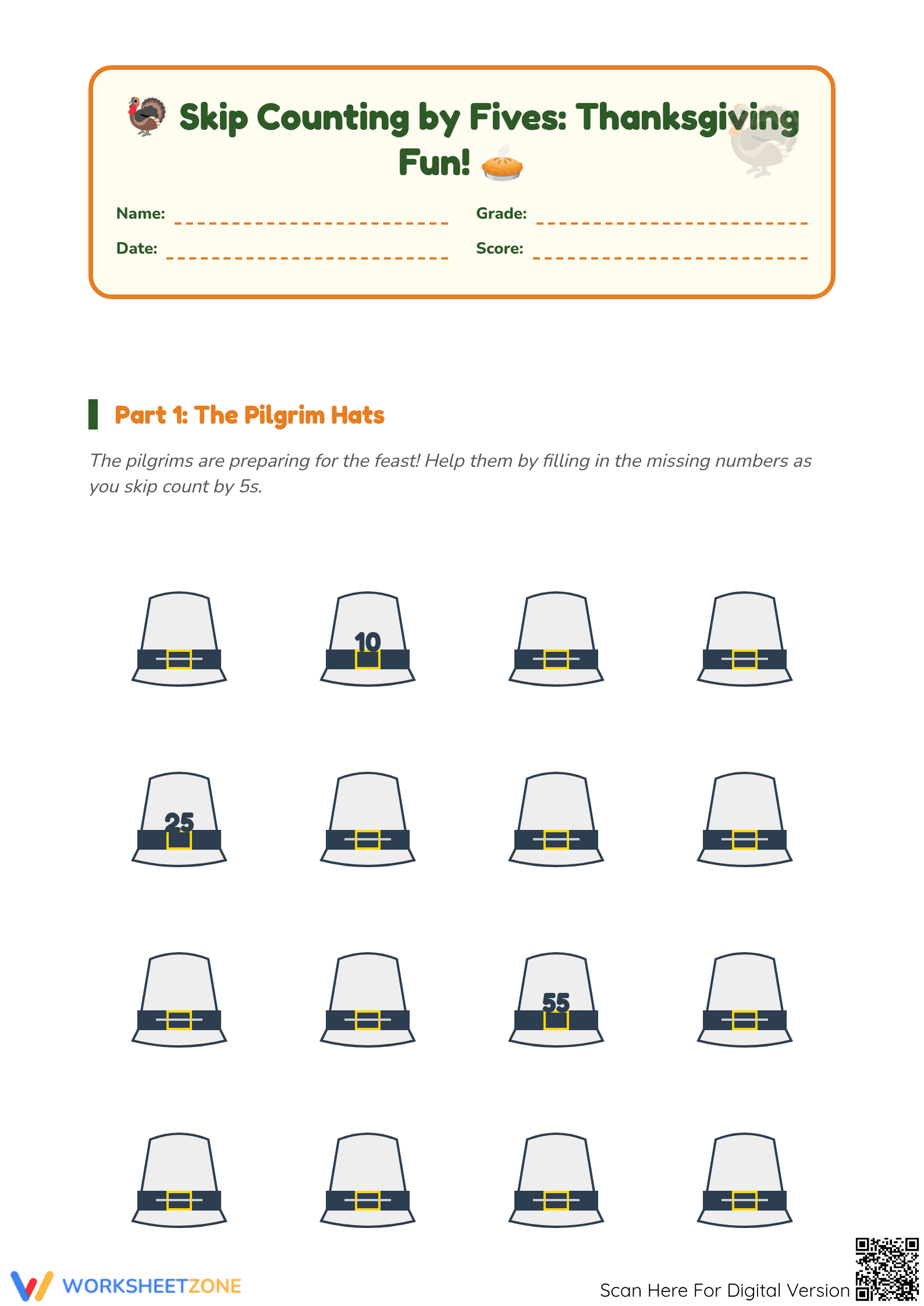 Skip Counting by Fives Thanksgiving Worksheet | Printable - Page 1
