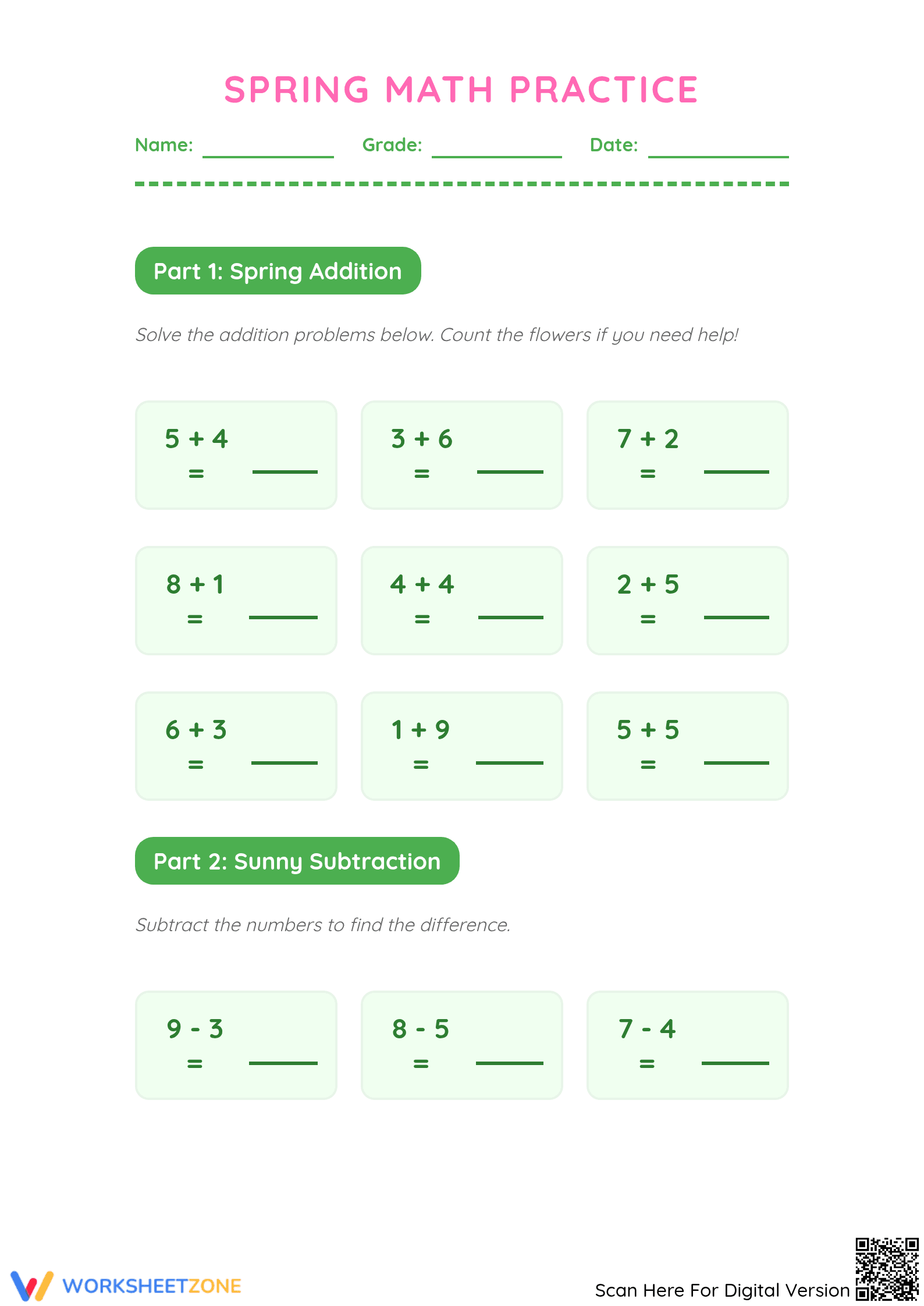 Spring Math Practice Worksheet | Grade 1 Printable - Page 1