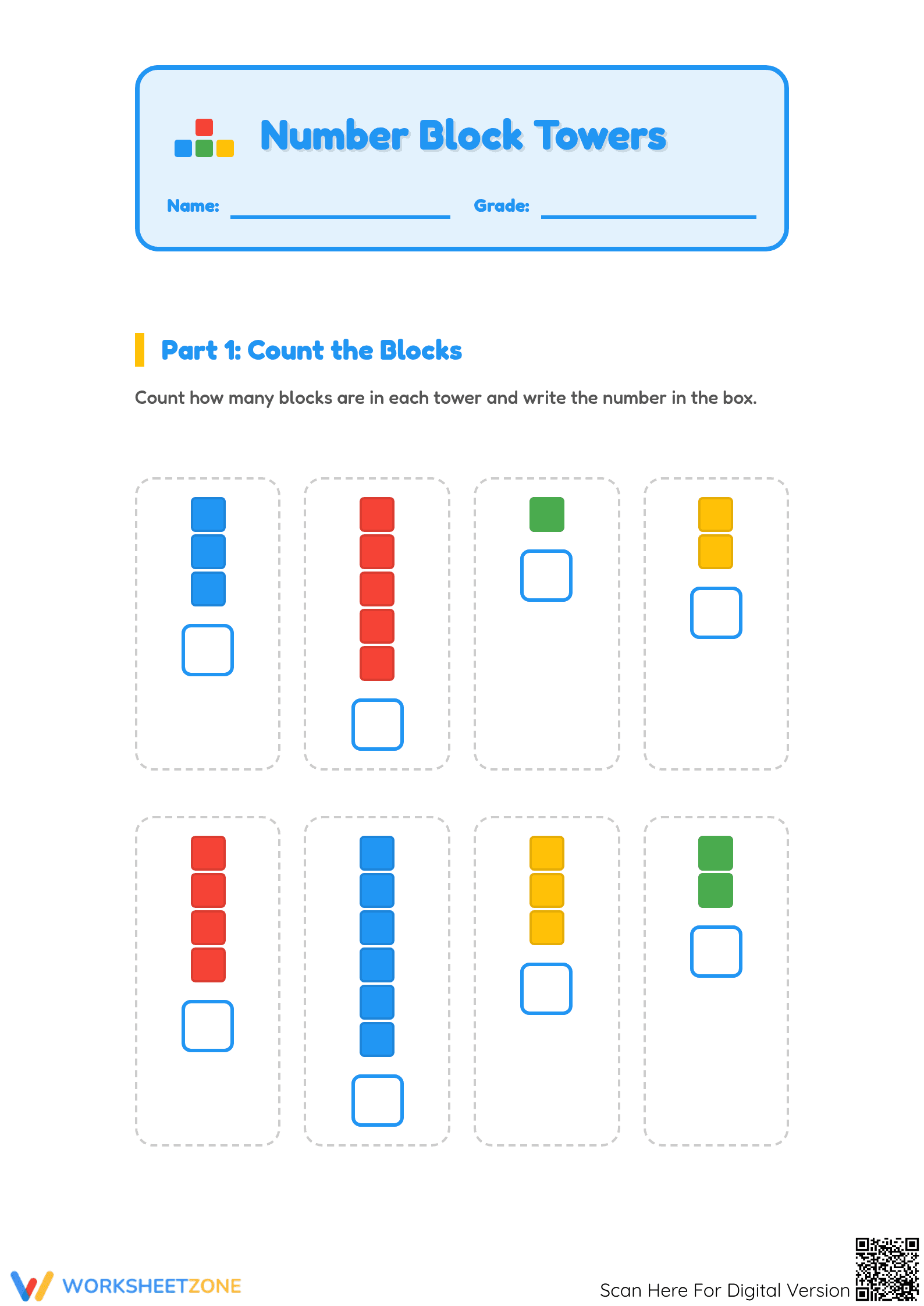 Printable Number Block Towers Counting Worksheet | Grade K - Page 1
