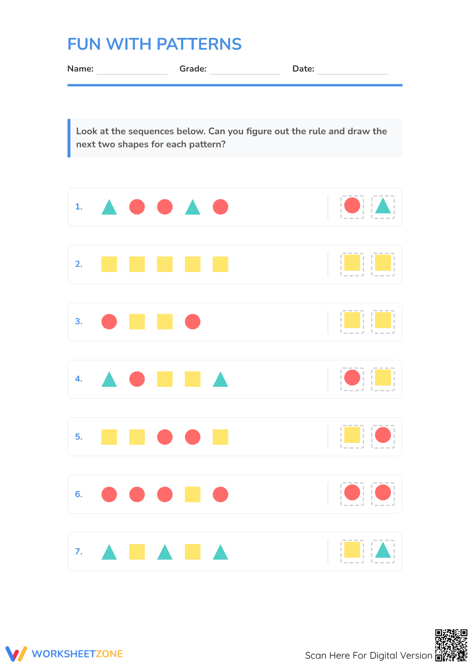Printable Shape Patterns Worksheet | Grade 1 Math - Page 1
