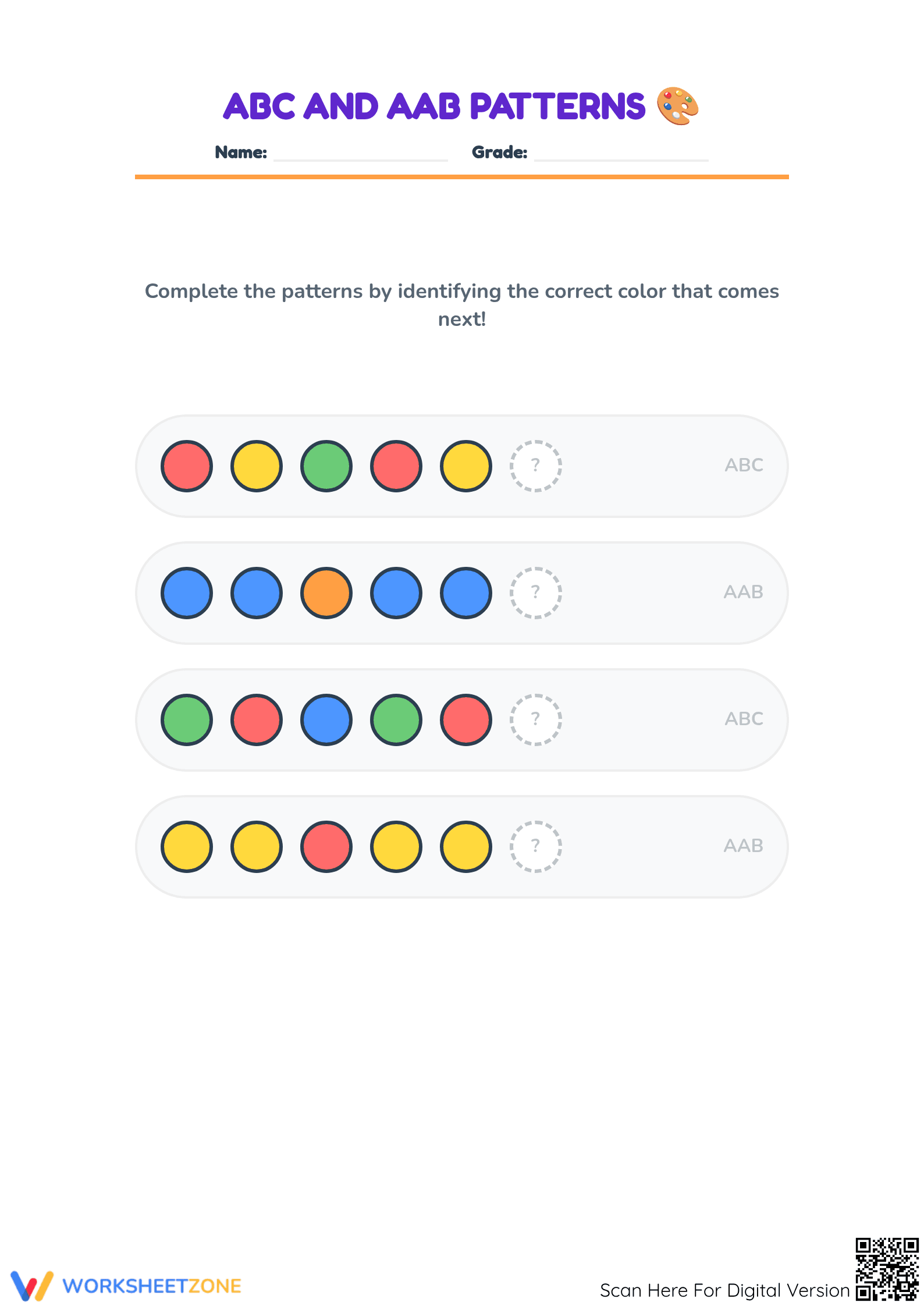 Essential Patterns Worksheet: ABC & AAB — Kindergarten Math - Page 1