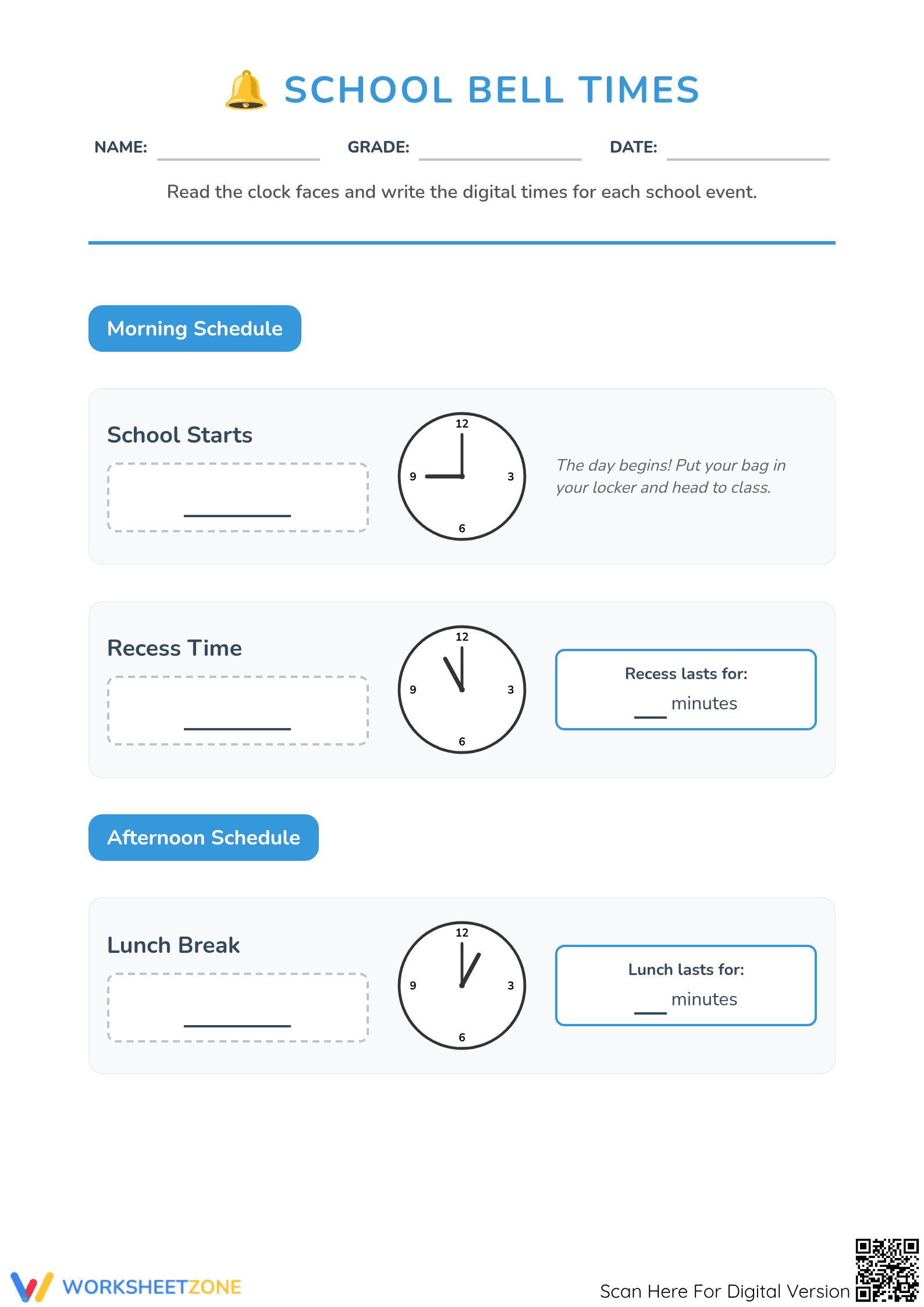 Essential School Bell Times Worksheet | Grade 3 Math - Page 1