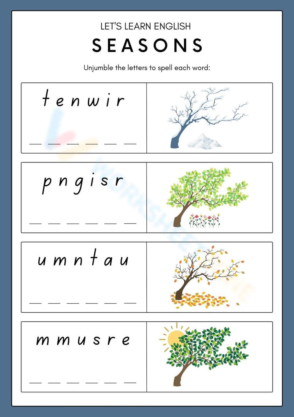 Seasons Spelling Worksheet | Grade 1 Essential Printable - Page 1