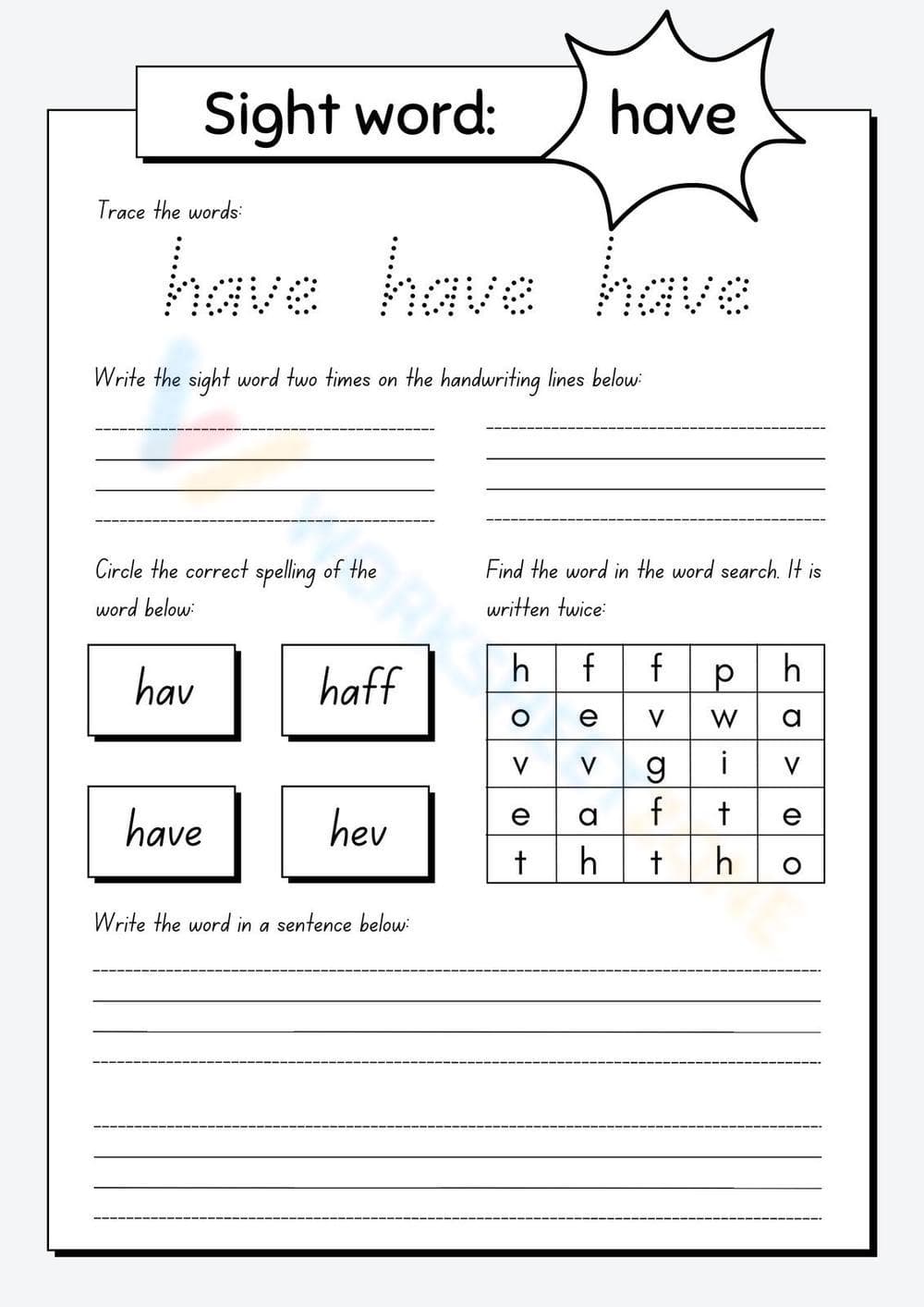 Sight Words Spelling Worksheet | Grade 1 Essential - Page 1