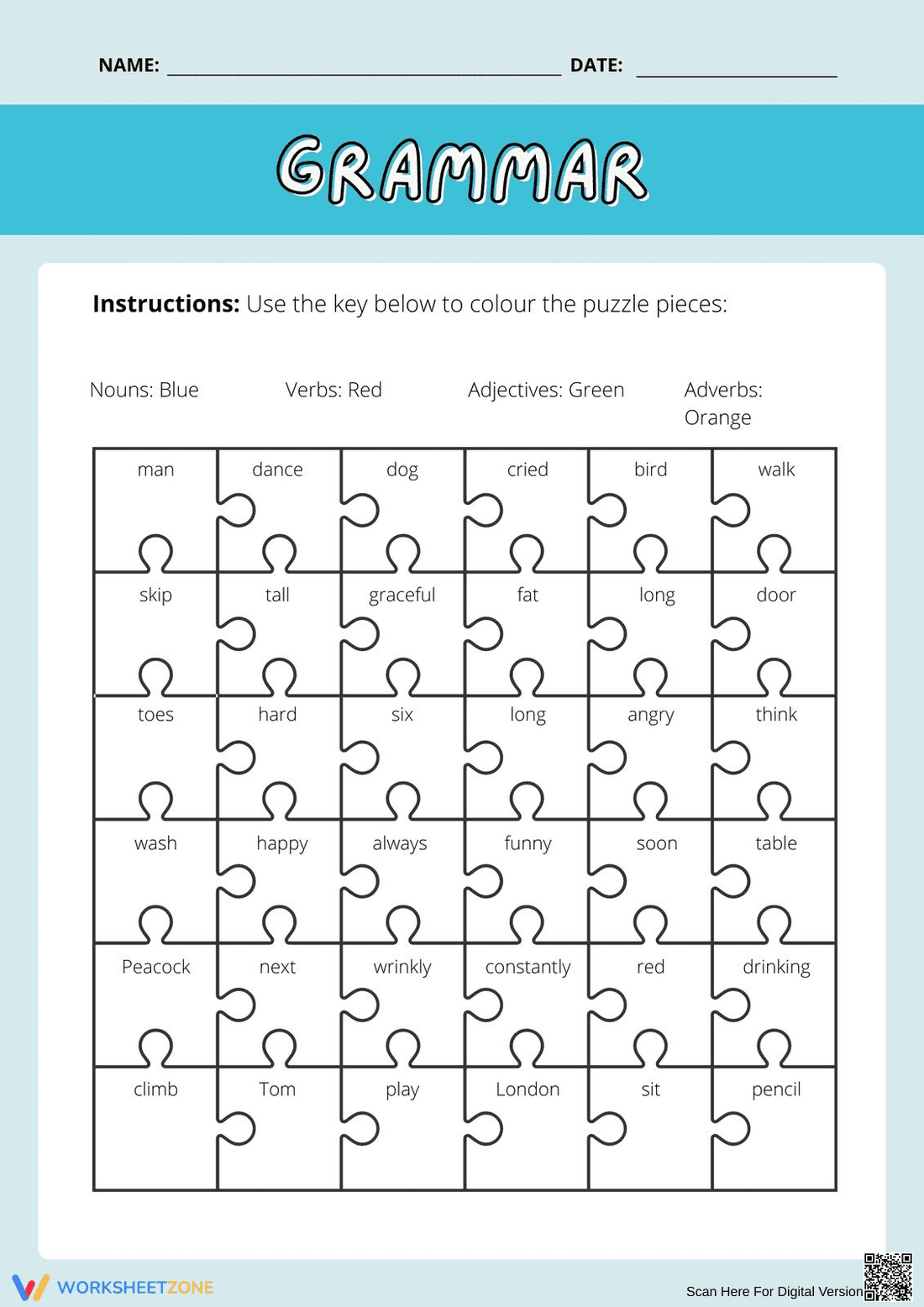 Parts of Speech Worksheet — Grade 3 Printable - Page 1