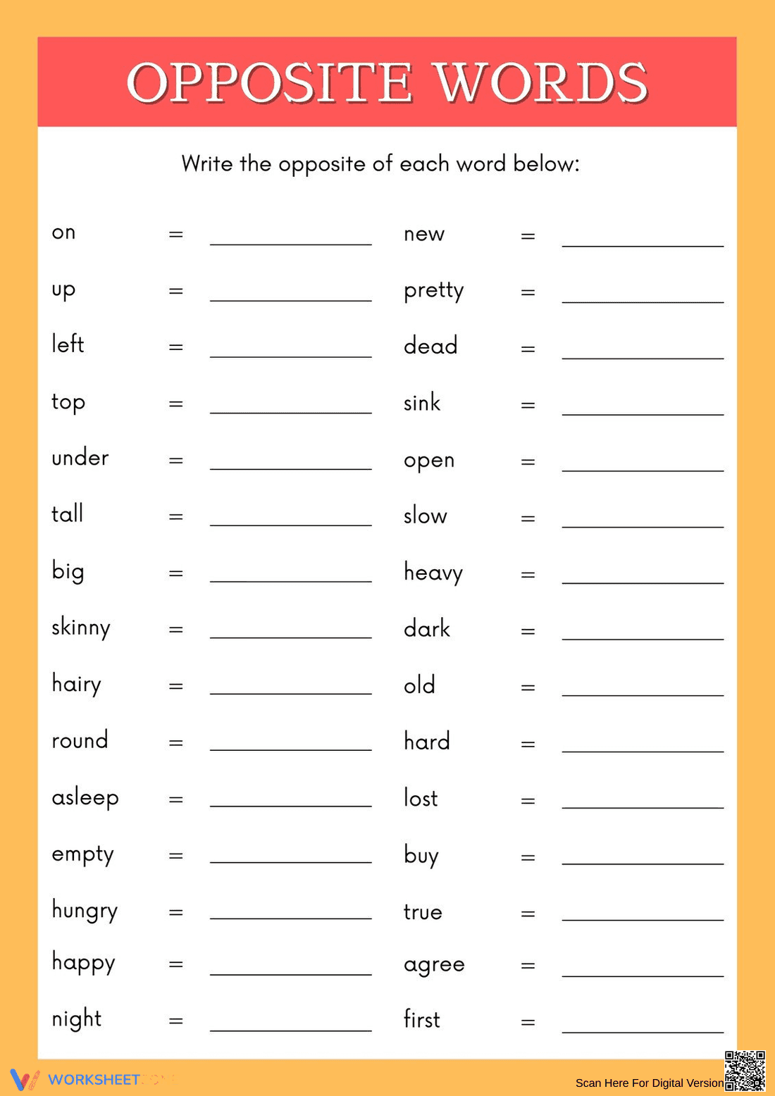 Grade 1 Opposite Words — Printable No-Prep Worksheet - Page 1
