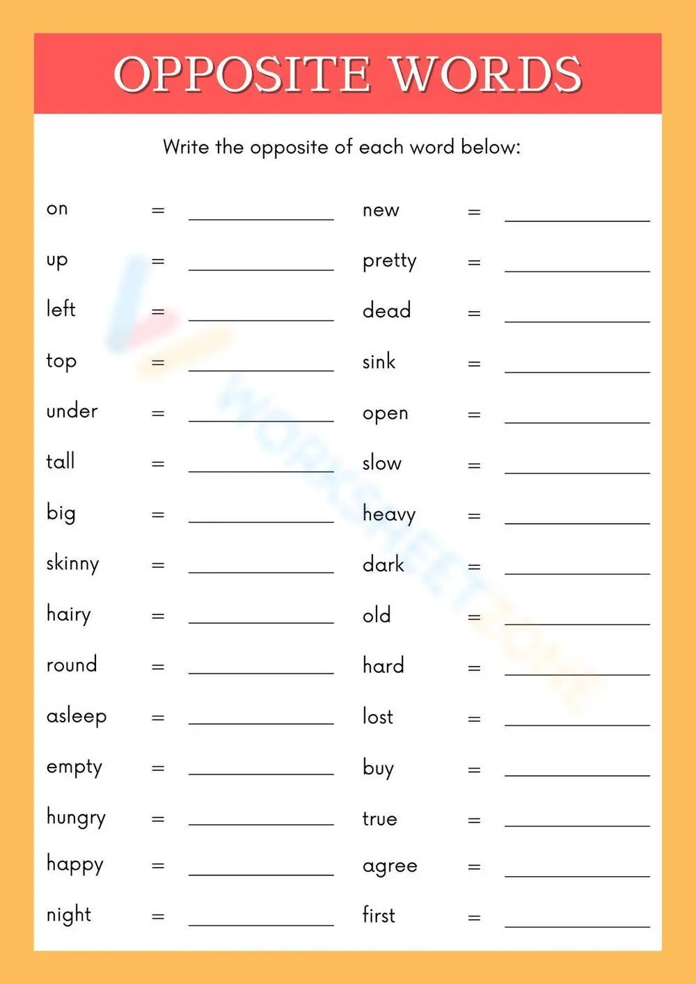 Grade 1 Opposite Words — Printable No-Prep Worksheet - Page 1