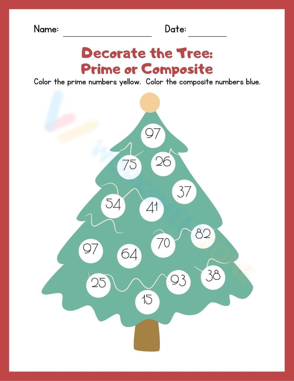 Printable Christmas Prime and Composite Math Worksheet - Page 1