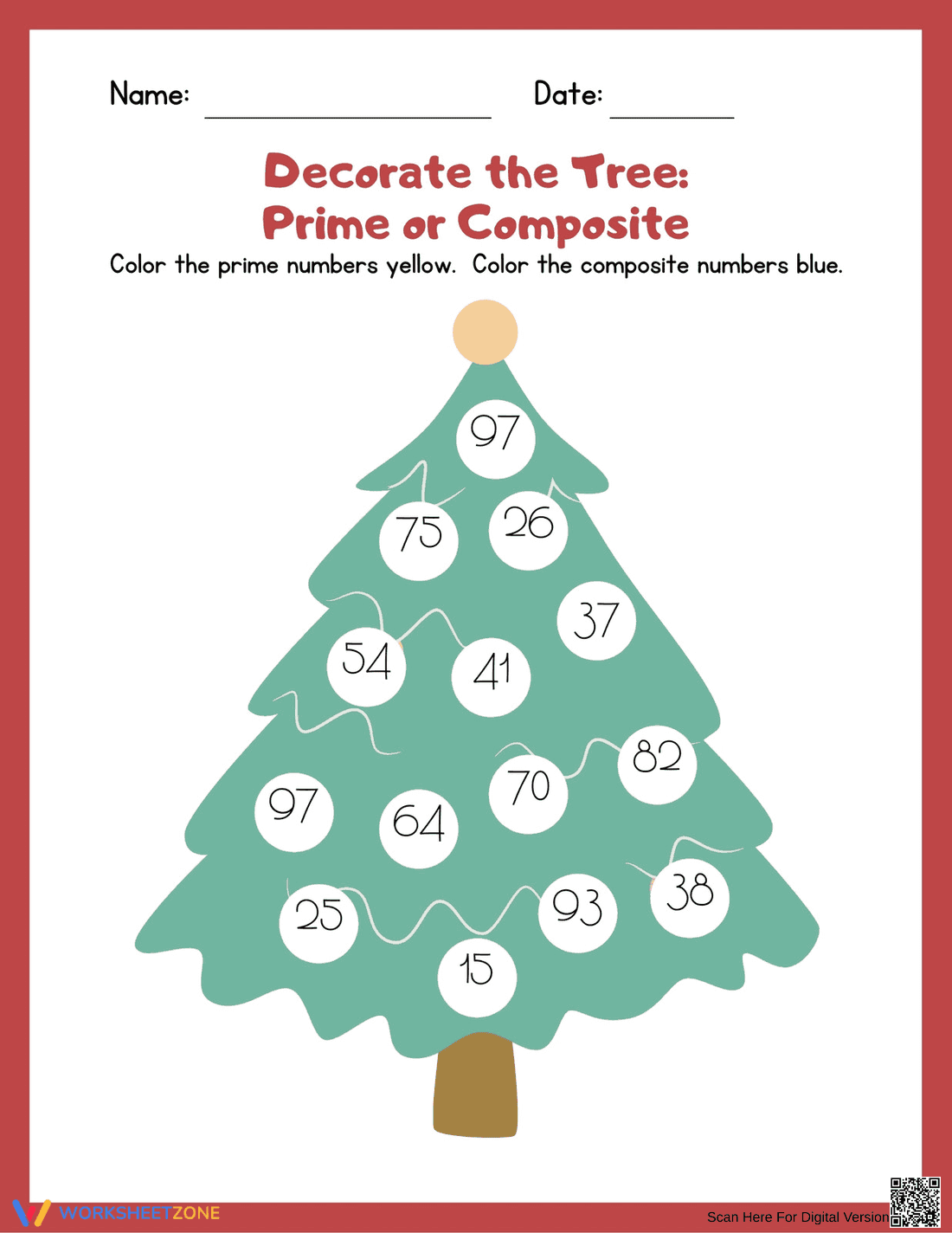 Printable Christmas Prime and Composite Math Worksheet - Page 1