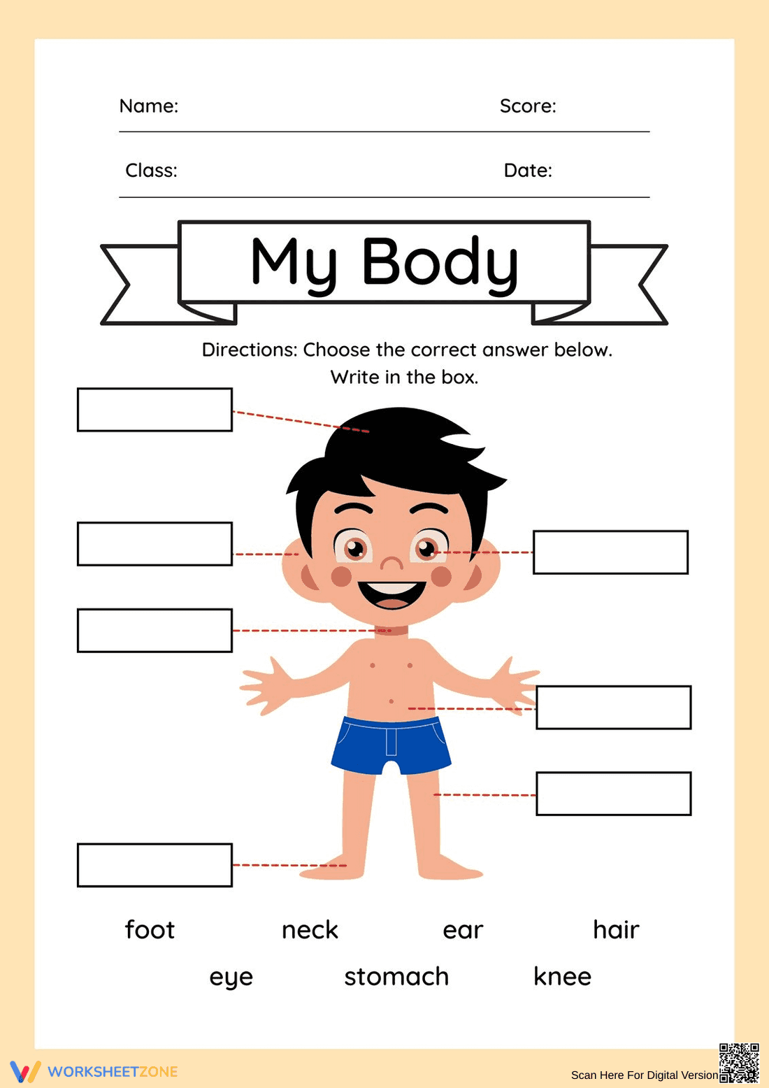 Printable Body Parts Worksheet | Kindergarten Science - Page 1