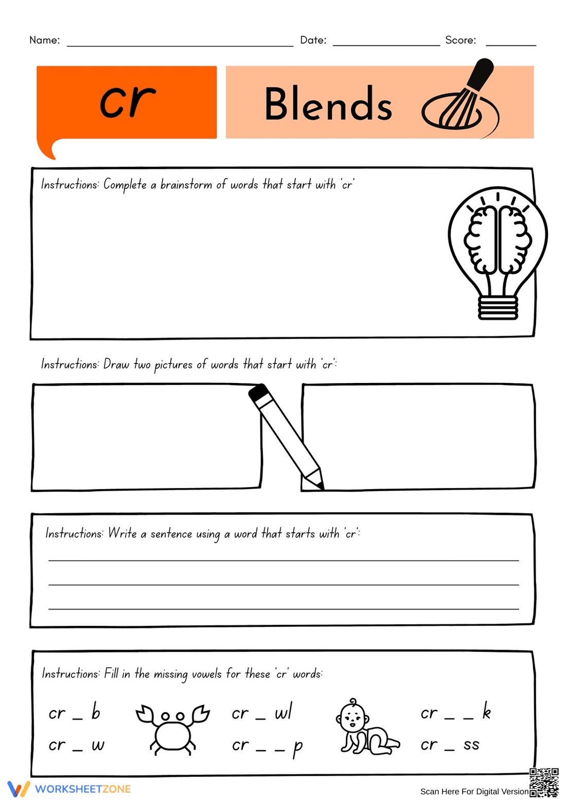 CR Blends Printable Worksheet | Grade 1 ELA - Page 1