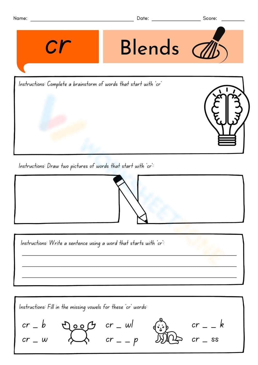 CR Blends Printable Worksheet | Grade 1 ELA - Page 1