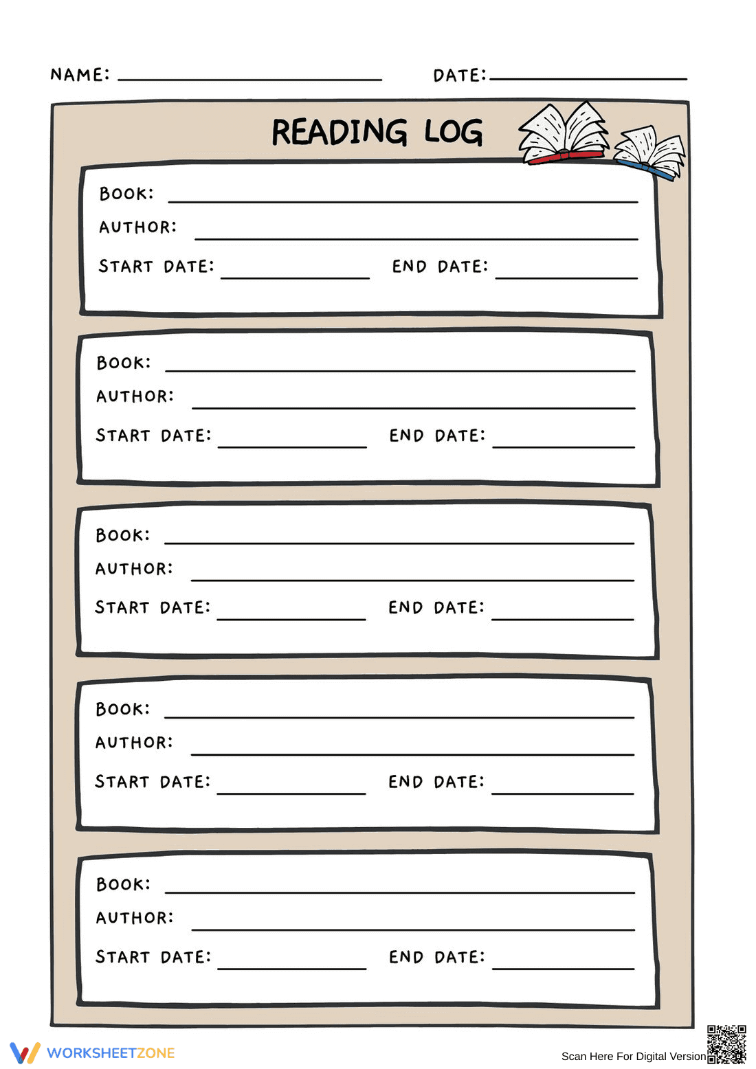 Reading Log Educational Worksheet - Page 1