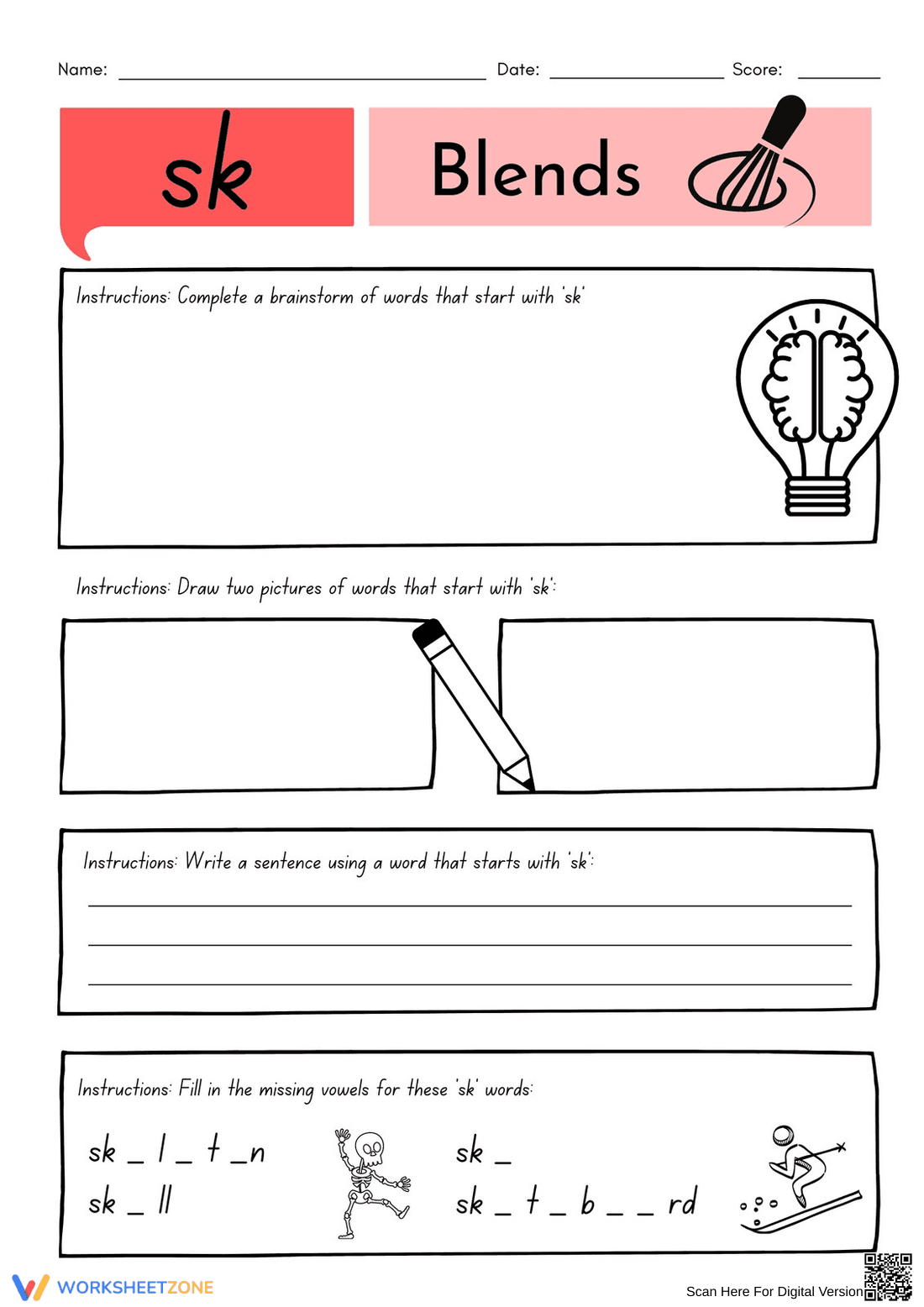 Grade 1 SK Blends — Printable No-Prep Worksheet - Page 1