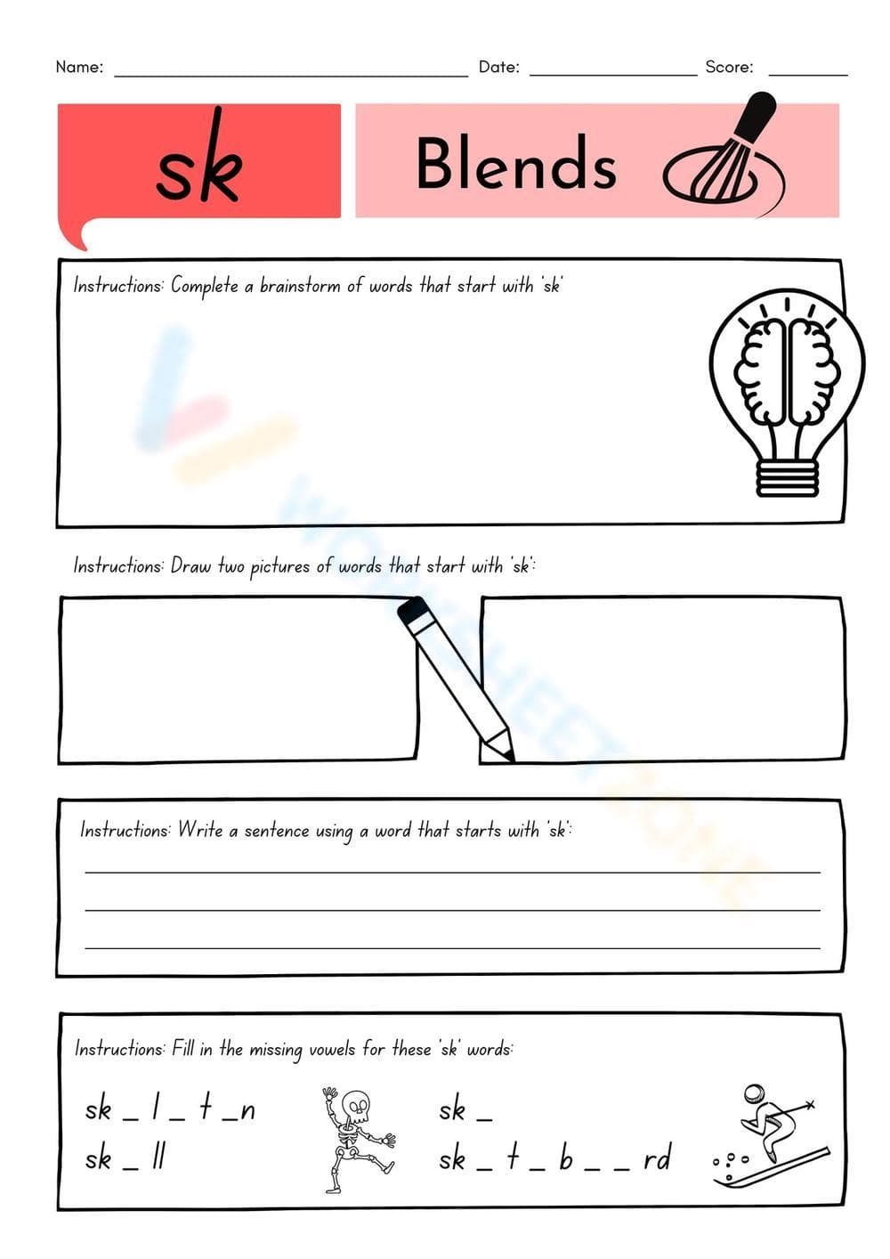 Grade 1 SK Blends — Printable No-Prep Worksheet - Page 1