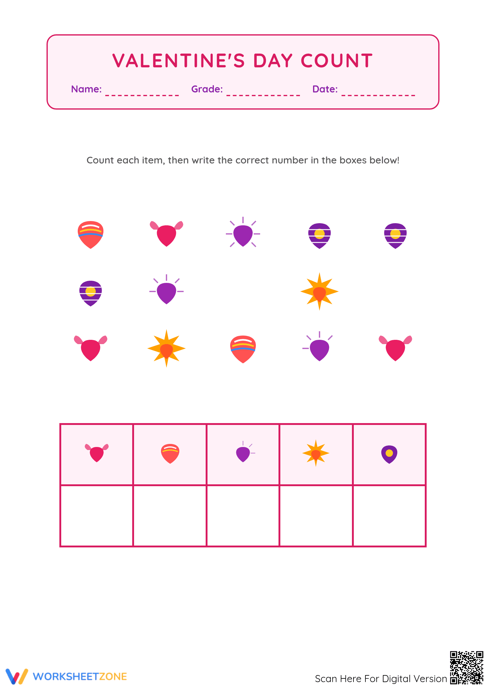 Valentine's Day Counting Worksheet | Grade K Essential - Page 1